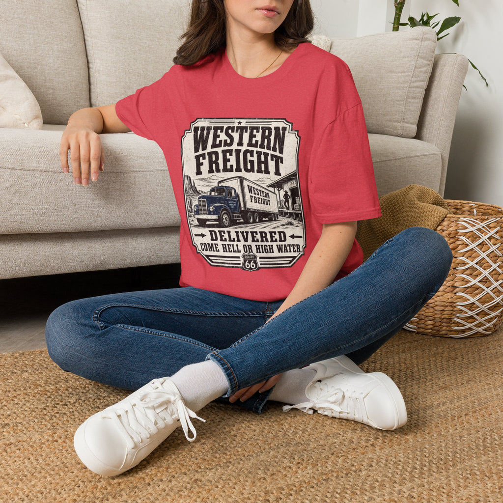 Western Freight Vintage Truck T-Shirt — 'Delivered Rain or Shine' Route 66 Tee
