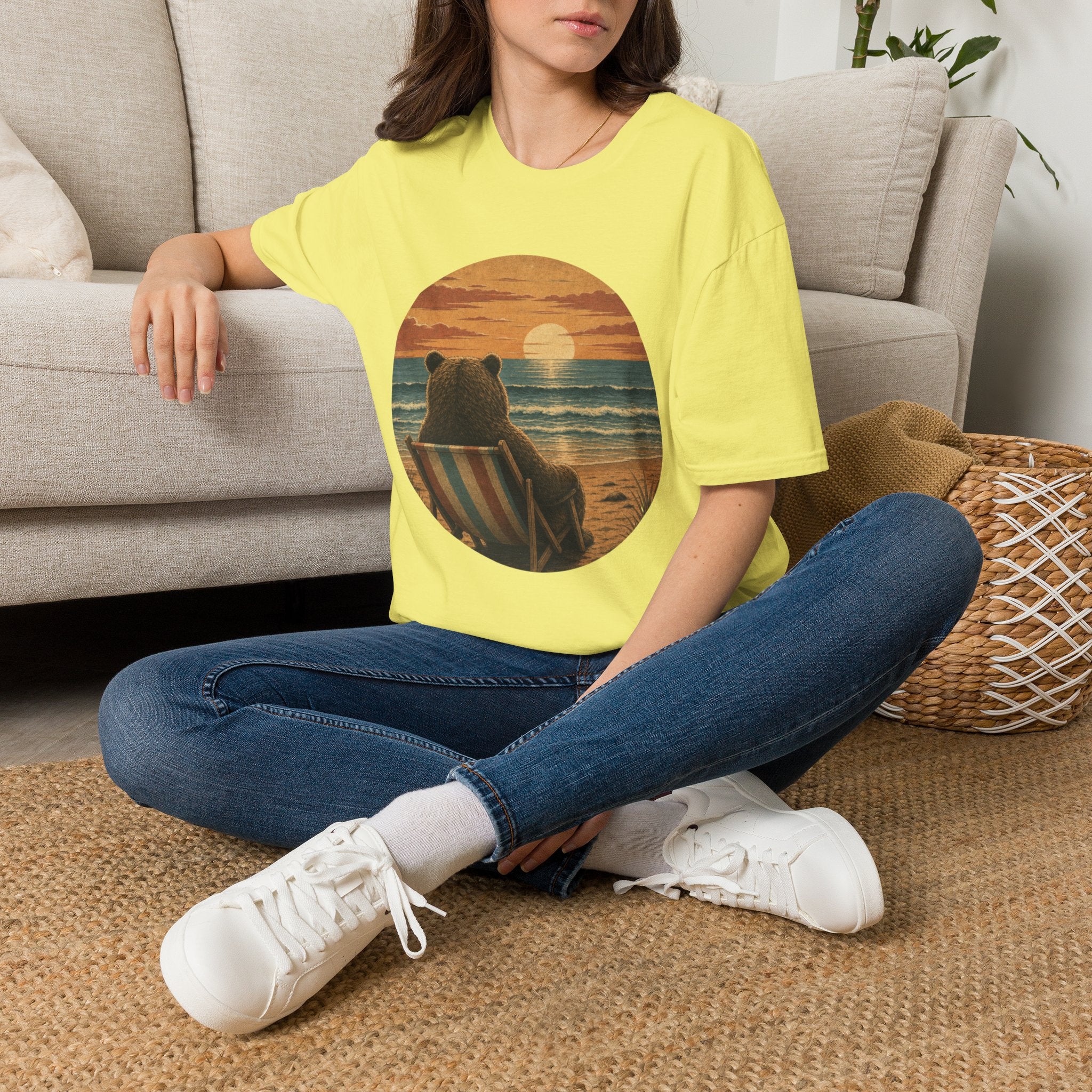 Bear Watching Sunset T‑Shirt — Retro Ocean Sunset Bear Graphic Tee