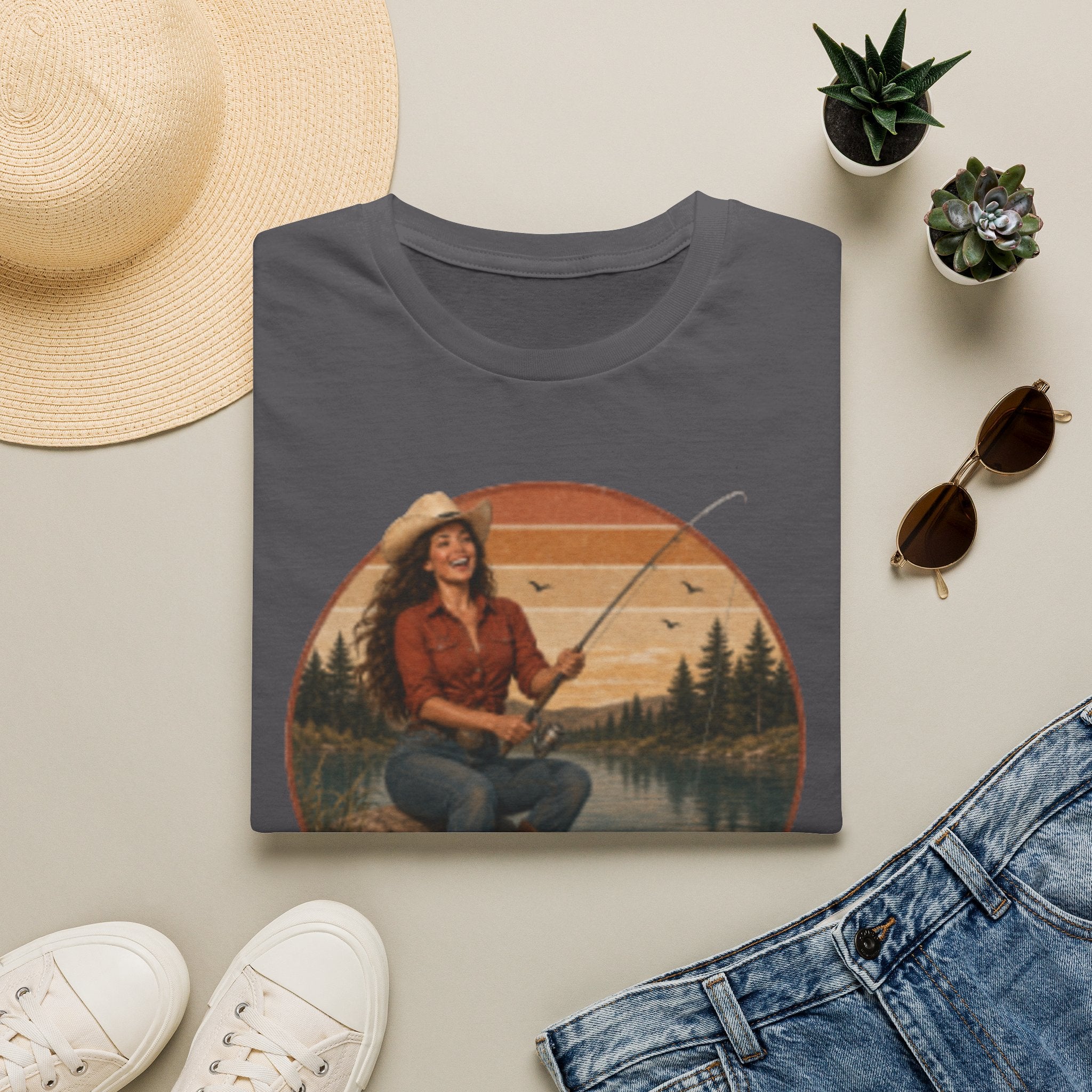 Fishing Graphic T‑Shirt — "Hook Em" Retro Outdoorswoman Tee