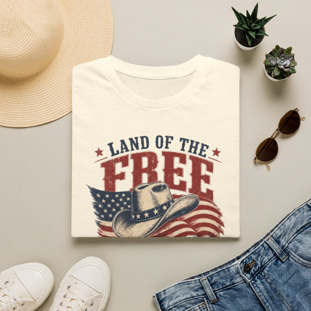 Land of the Free Cowboy Flag T-Shirt — "Land of the Free, Home of the Brave" Patriotic Tee