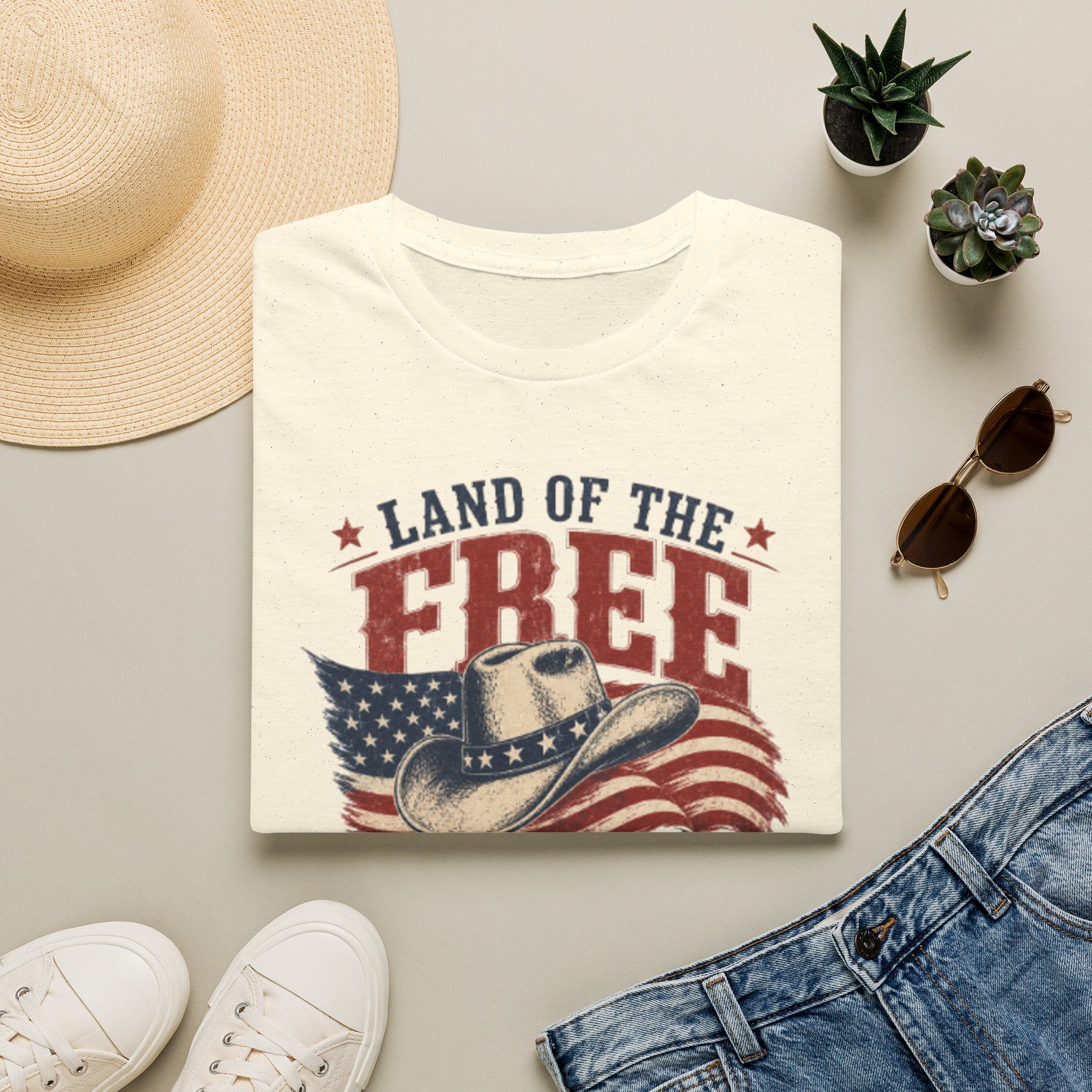 Land of the Free Cowboy Flag T-Shirt — "Land of the Free, Home of the Brave" Patriotic Tee