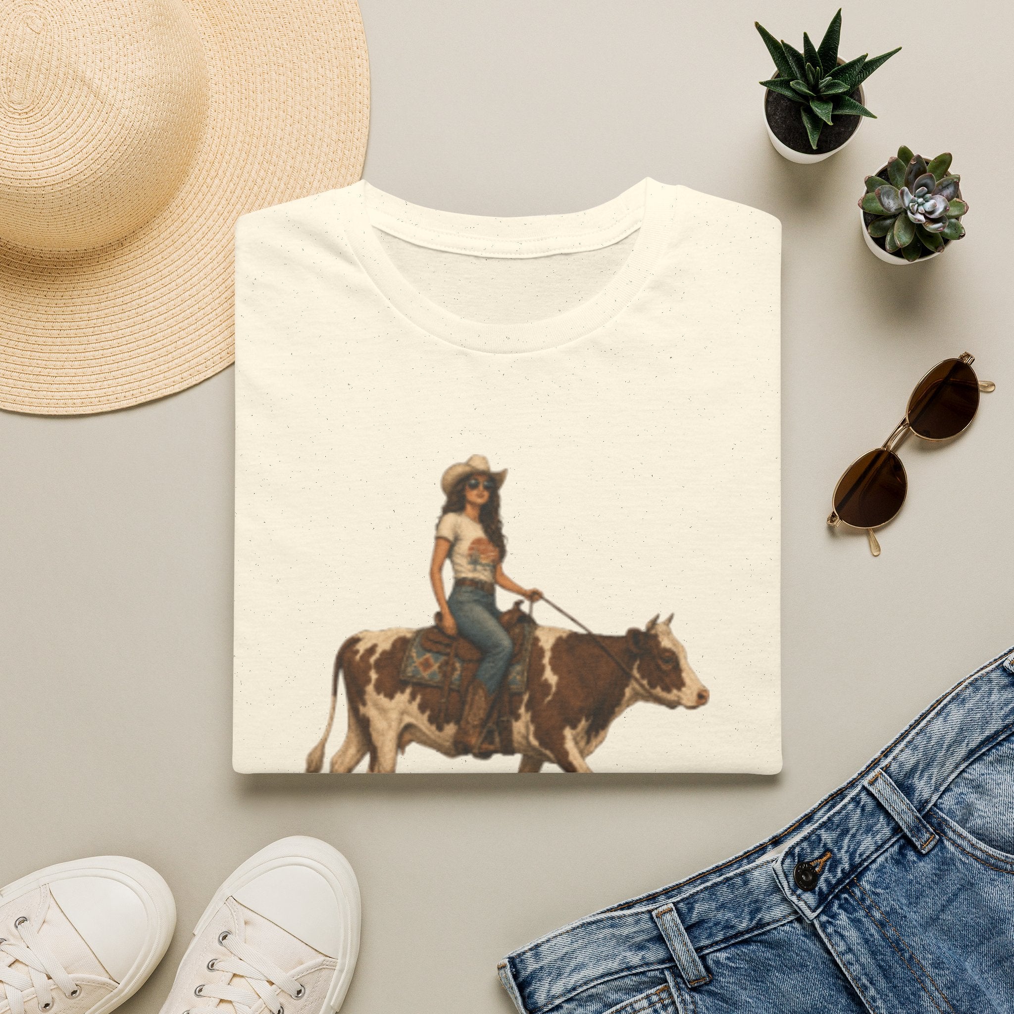 Cowgirl Riding Longhorn T-Shirt — Western Rodeo Graphic Tee