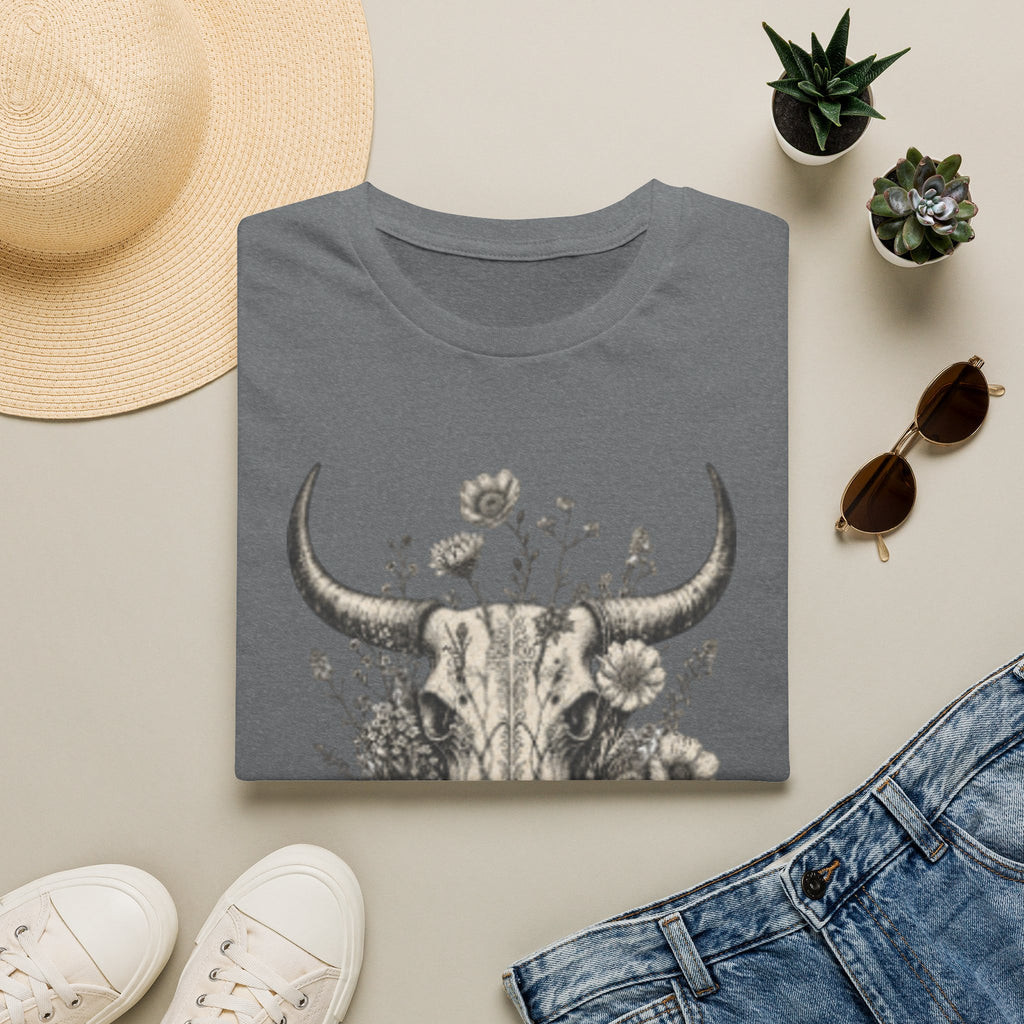 Bull Skull Floral T-Shirt — "Wild and Free" Boho Western Tee