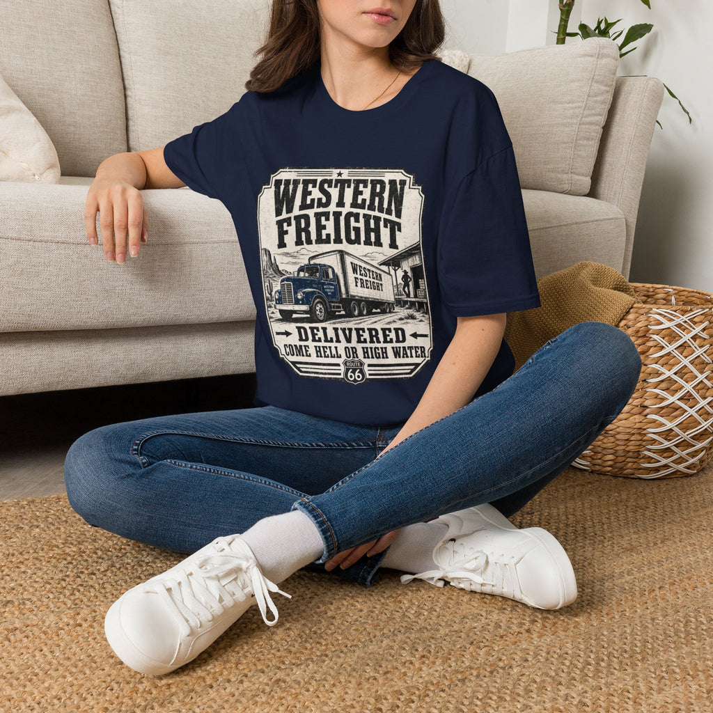 Western Freight Vintage Truck T-Shirt — 'Delivered Rain or Shine' Route 66 Tee