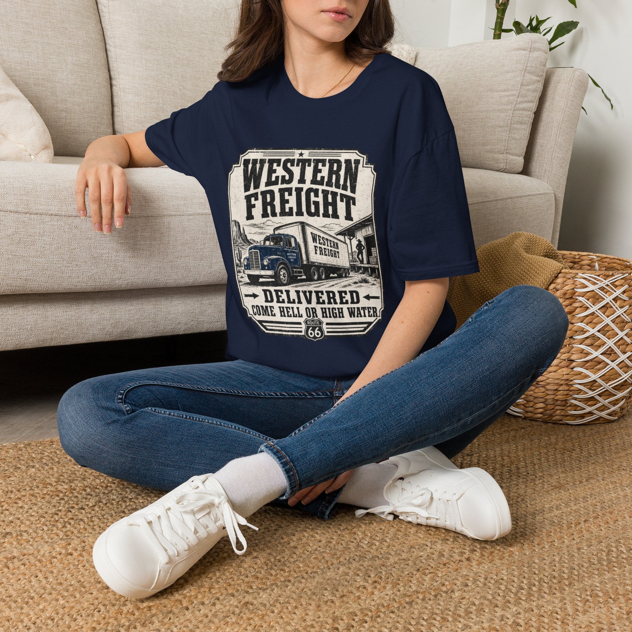 Western Freight Vintage Truck T-Shirt — 'Delivered Rain or Shine' Route 66 Tee