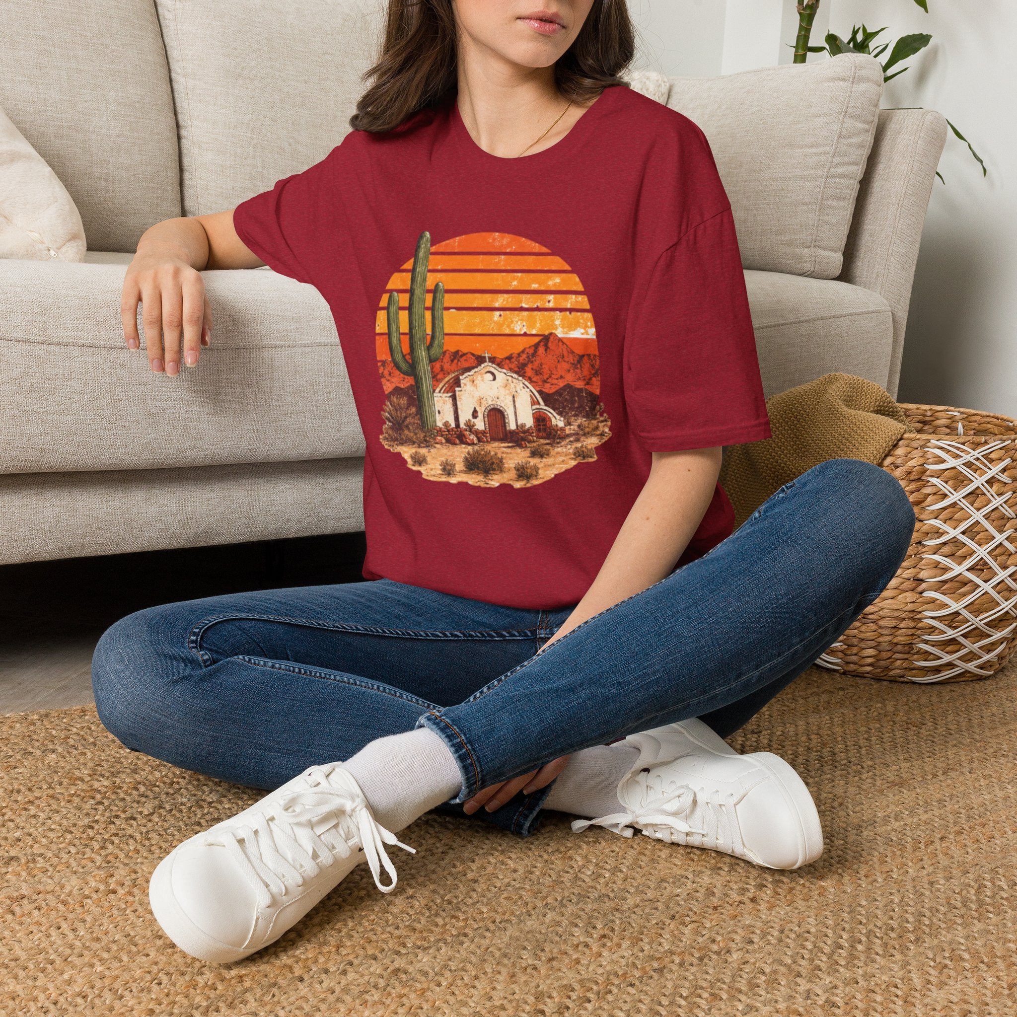 Desert Sunset T‑Shirt — Vintage Cactus & Adobe House Graphic