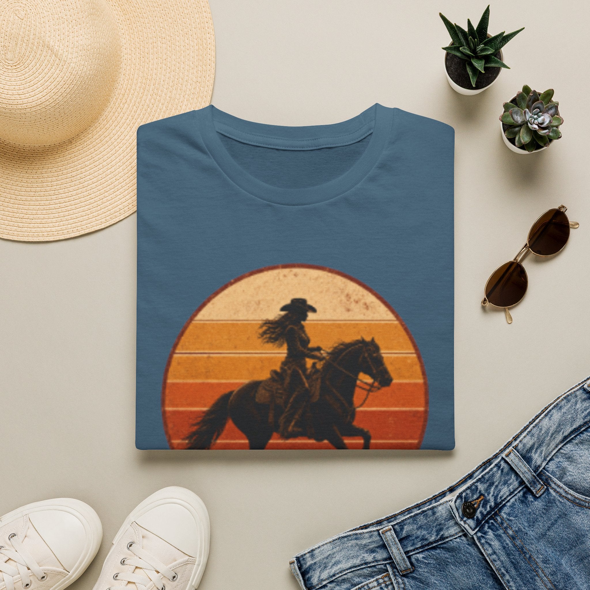 Cowgirl Silhouette T-Shirt — Retro Sunset Horse Riding Tee