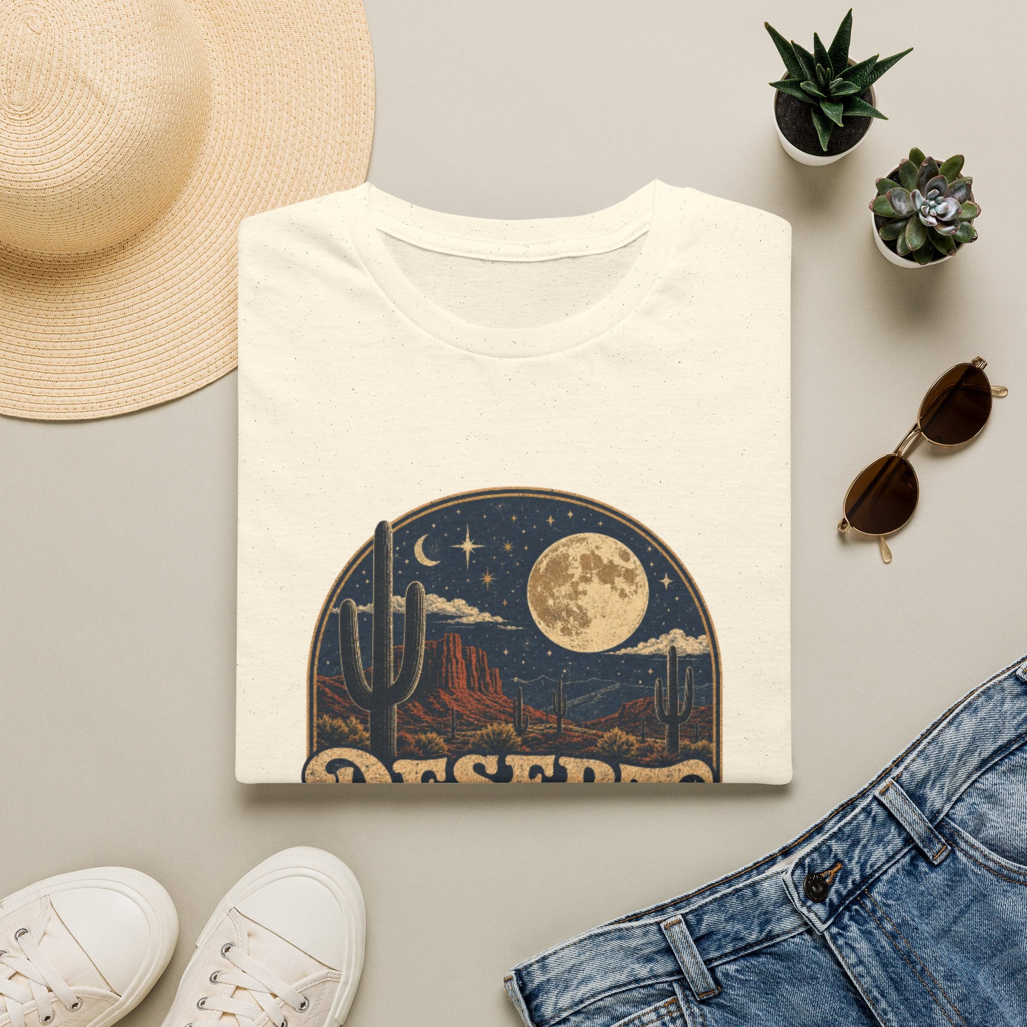 Desert Nights Graphic T-Shirt — “Desert Nights & Lights” Retro Moonlit Cactus Tee