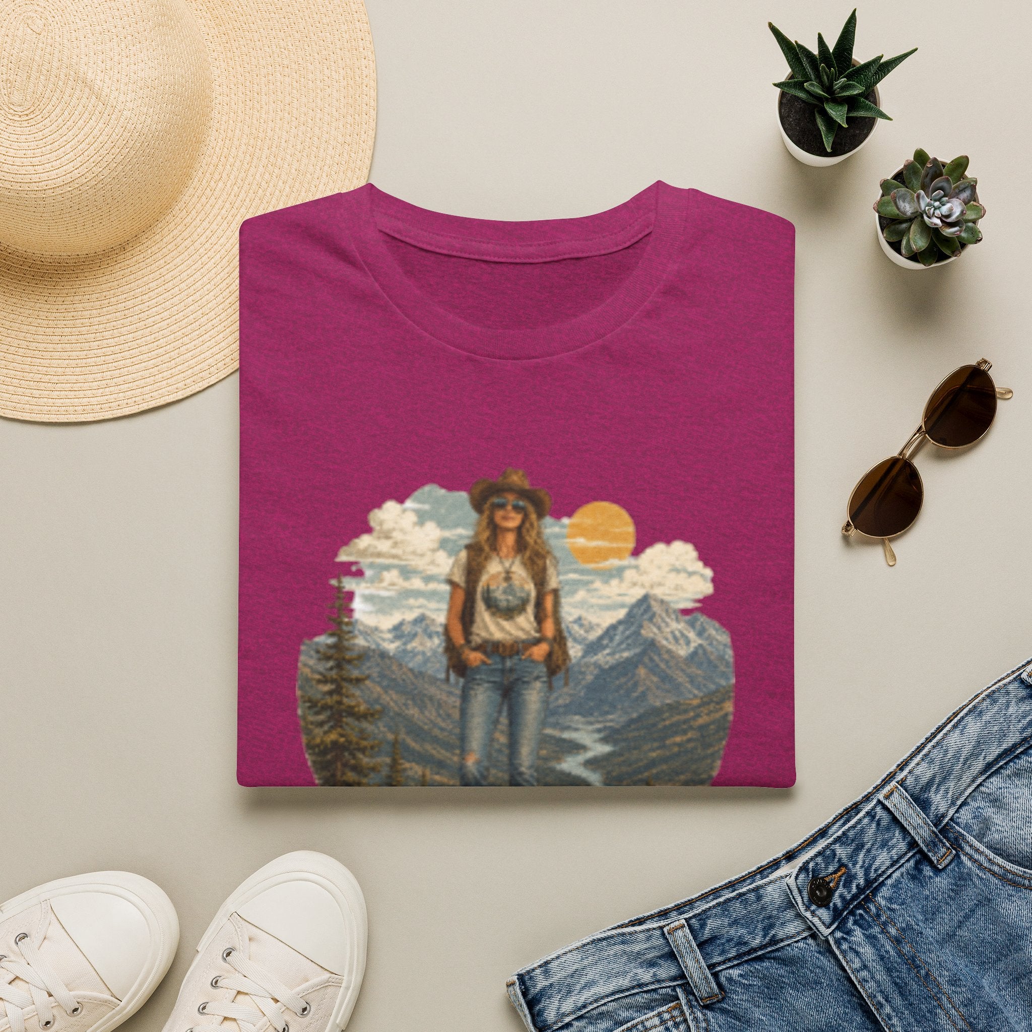 Cowgirl Mountain Adventure T‑Shirt — Vintage Sunset Hiker Graphic