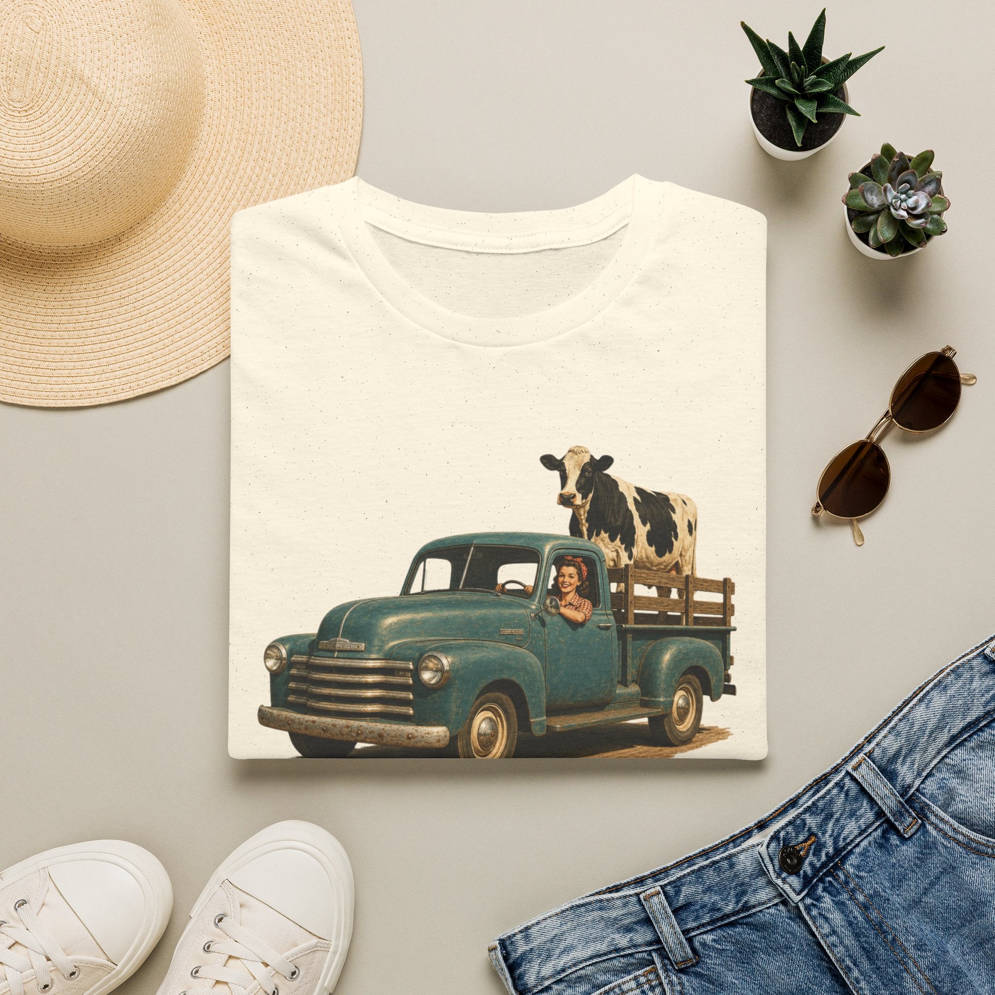 Vintage Farm Truck T-Shirt – Retro Pickup with Cow Graphic