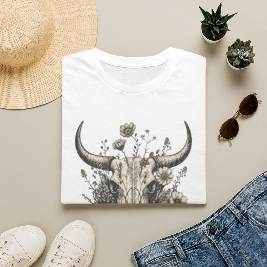 Bull Skull Floral T-Shirt — "Wild and Free" Boho Western Tee