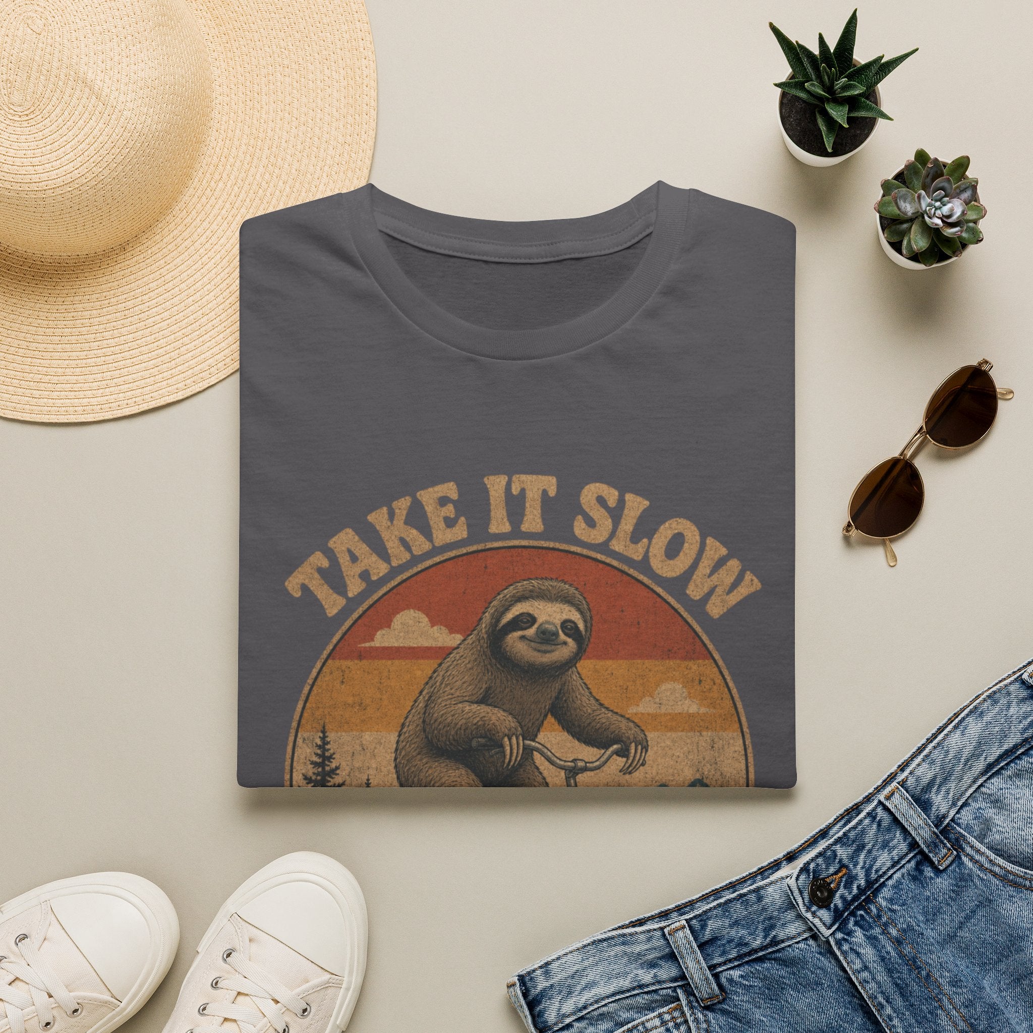 Take It Slow Sloth T-Shirt | Retro Sloth Bicycle Design