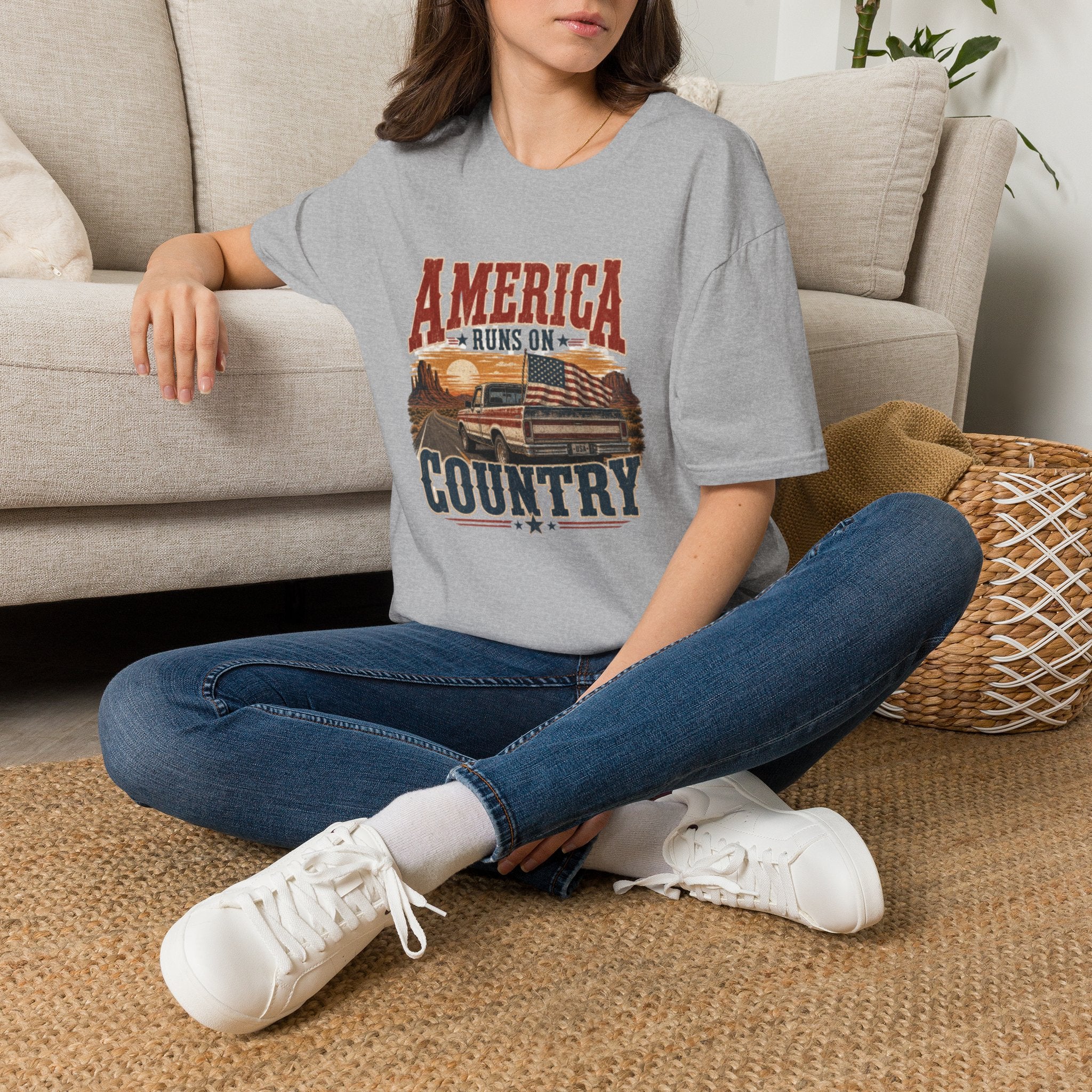 T-Shirt — "America Runs On Country" Vintage Flag & Pickup Graphic