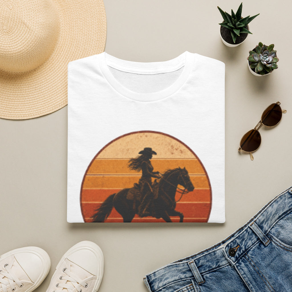 Cowgirl Silhouette T-Shirt — Retro Sunset Horse Riding Tee