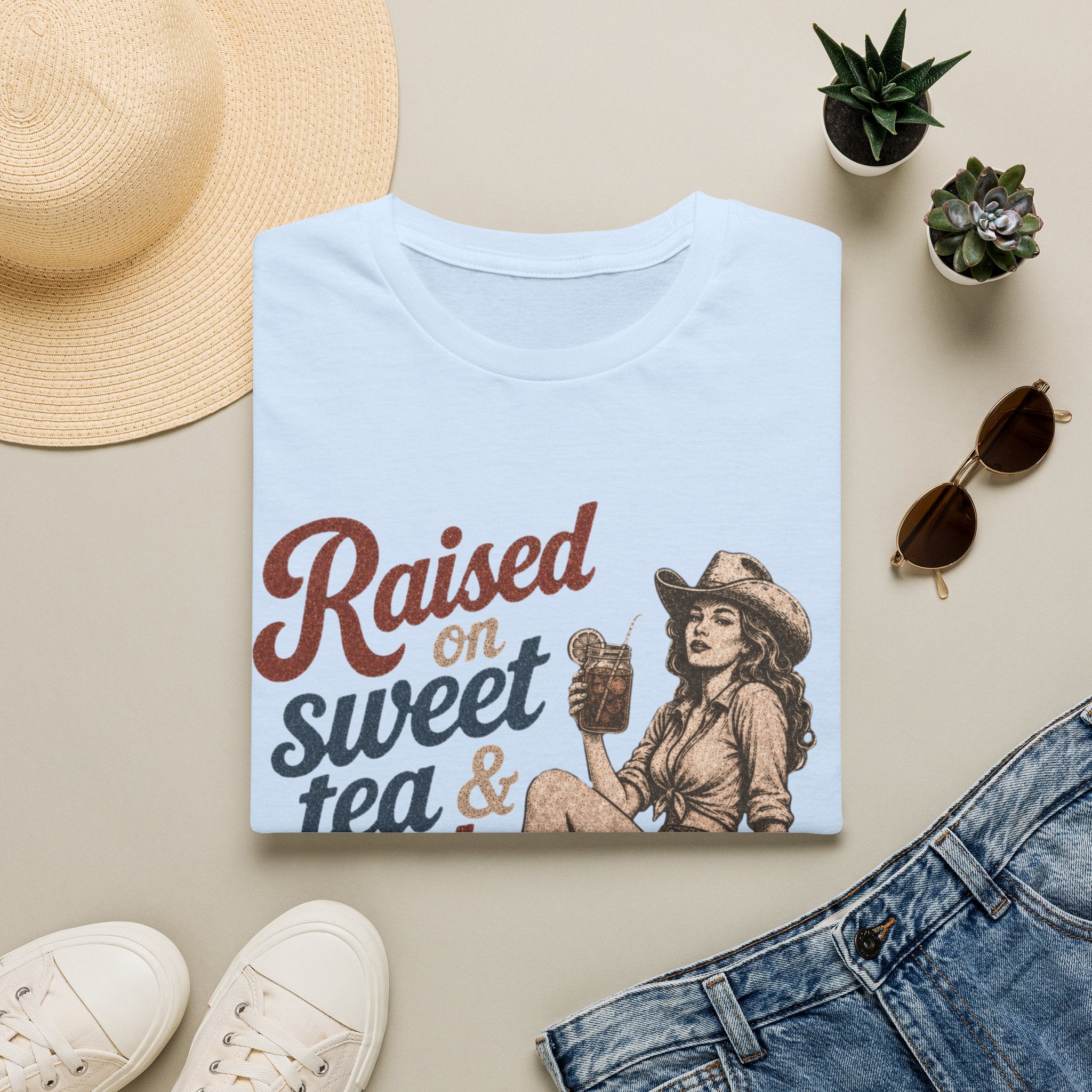 Raised on Sweet Tea & Bad Decisions T-Shirt — Southern Cowgirl Retro Graphic Tee