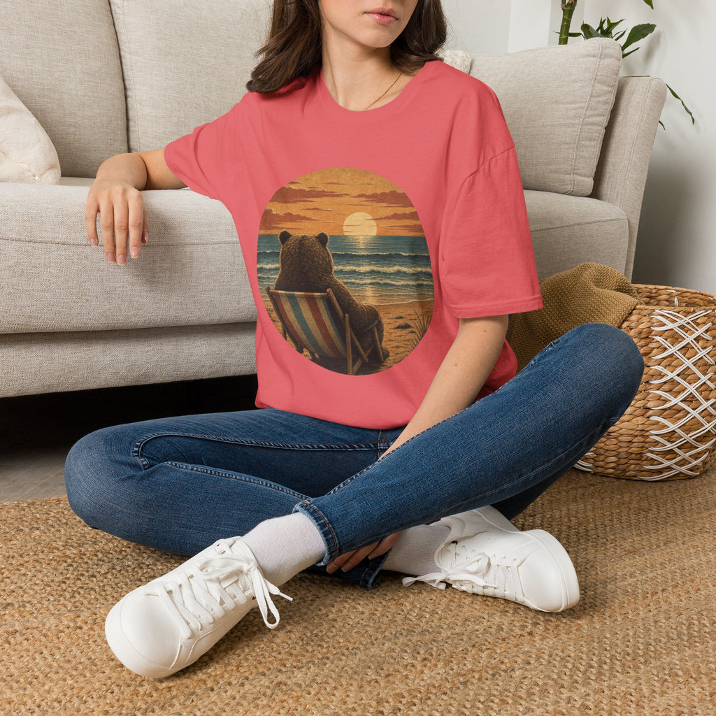 Bear Watching Sunset T‑Shirt — Retro Ocean Sunset Bear Graphic Tee