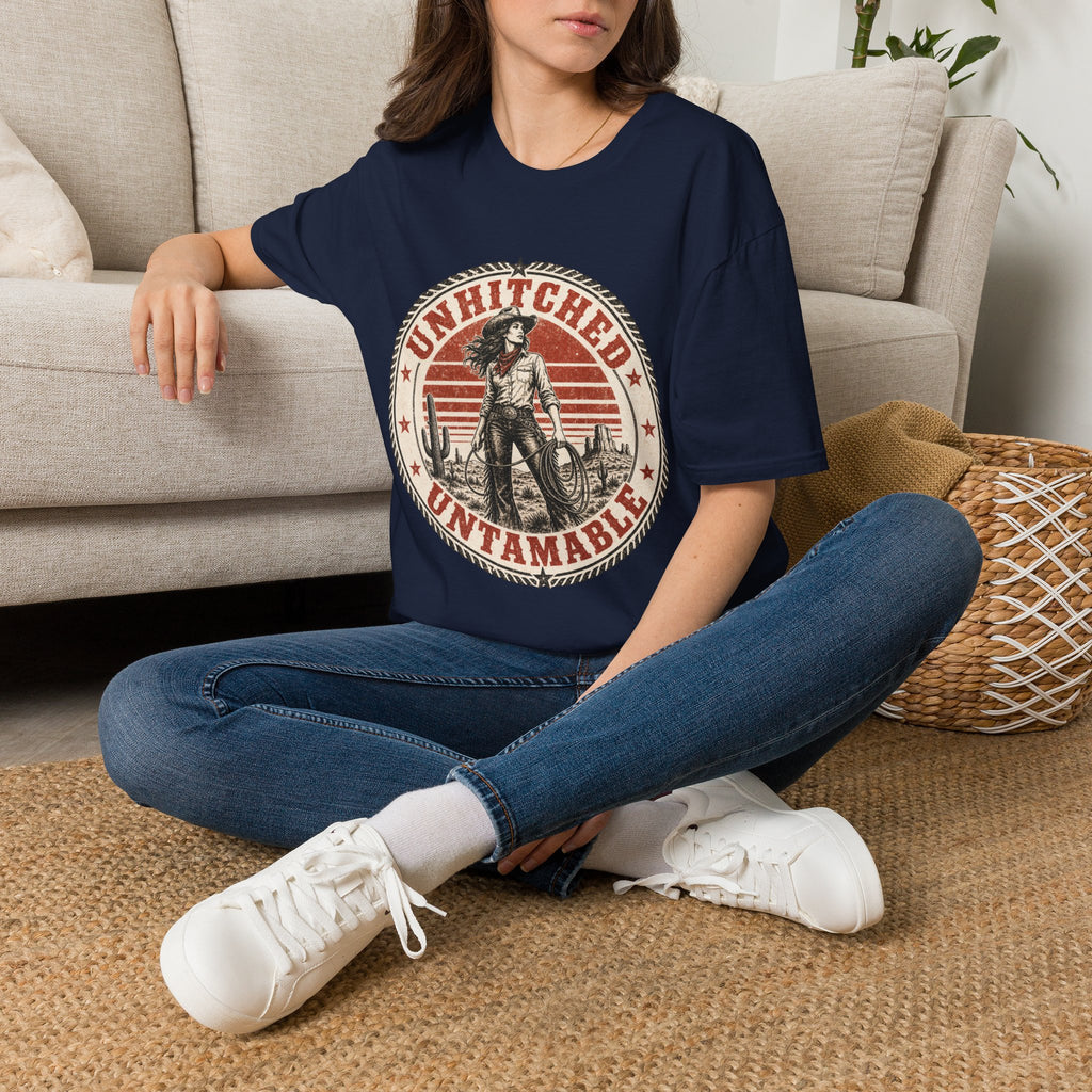 Unhitched Vintage Cowgirl T‑Shirt – “Unhitched & Untamable” Retro Western Graphic Tee
