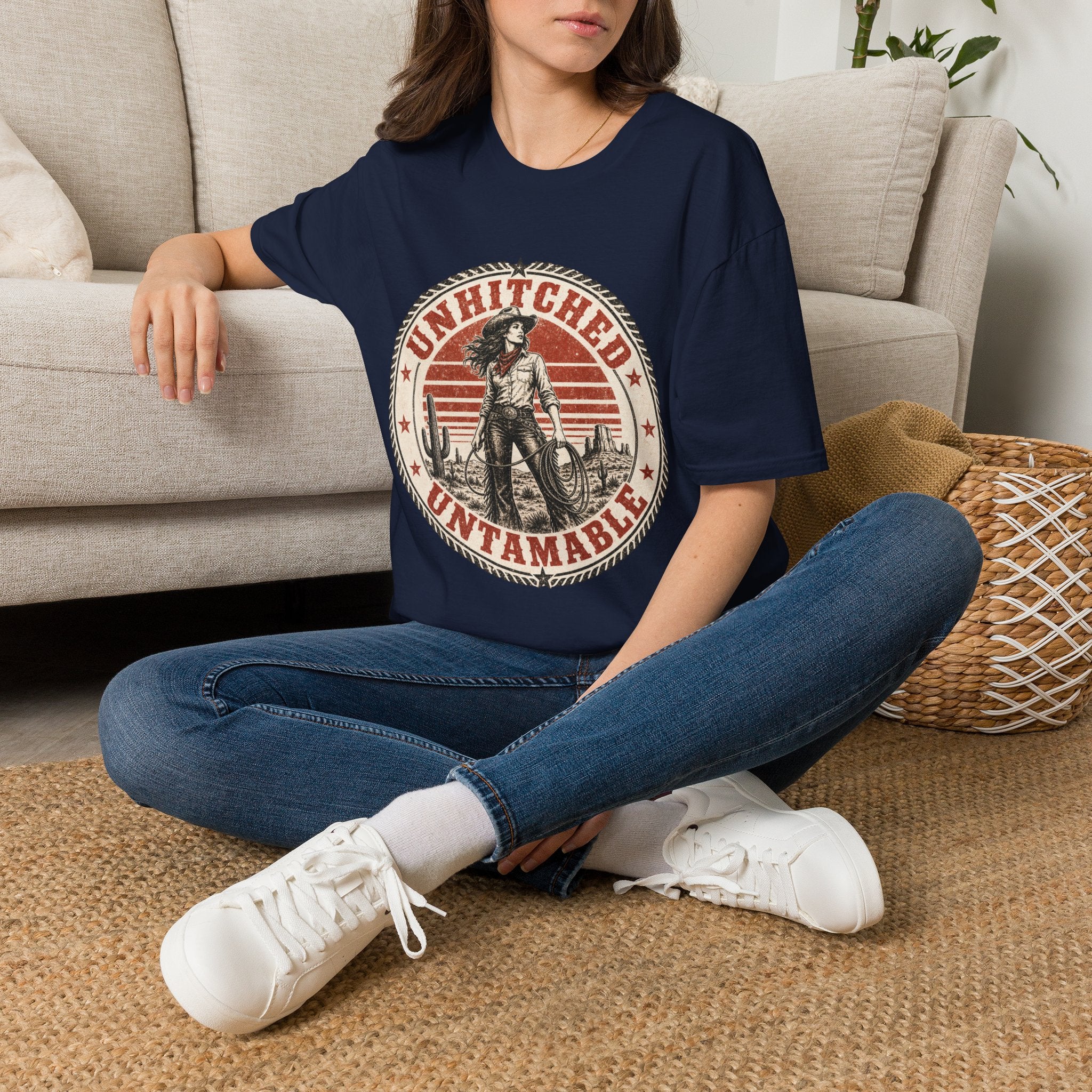 Unhitched Vintage Cowgirl T‑Shirt – “Unhitched & Untamable” Retro Western Graphic Tee