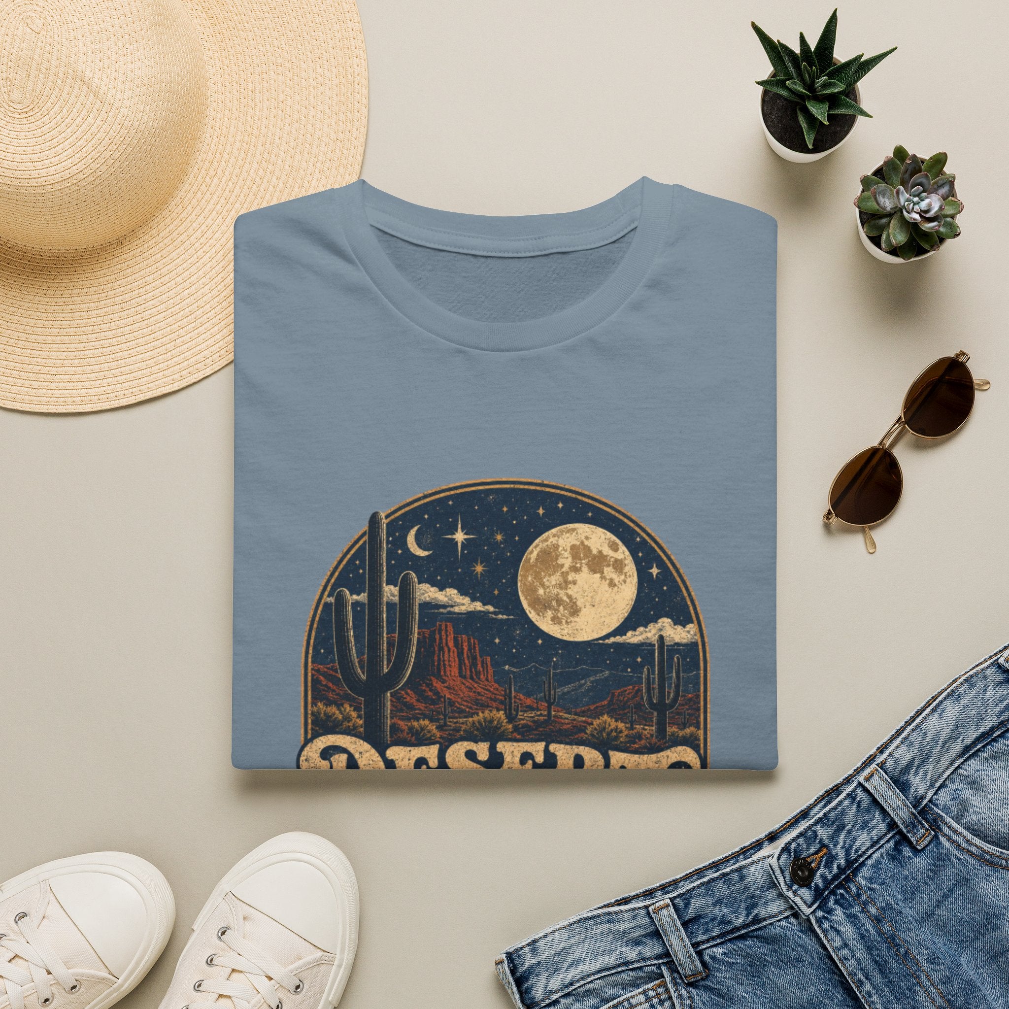 Desert Nights Graphic T-Shirt — “Desert Nights & Lights” Retro Moonlit Cactus Tee