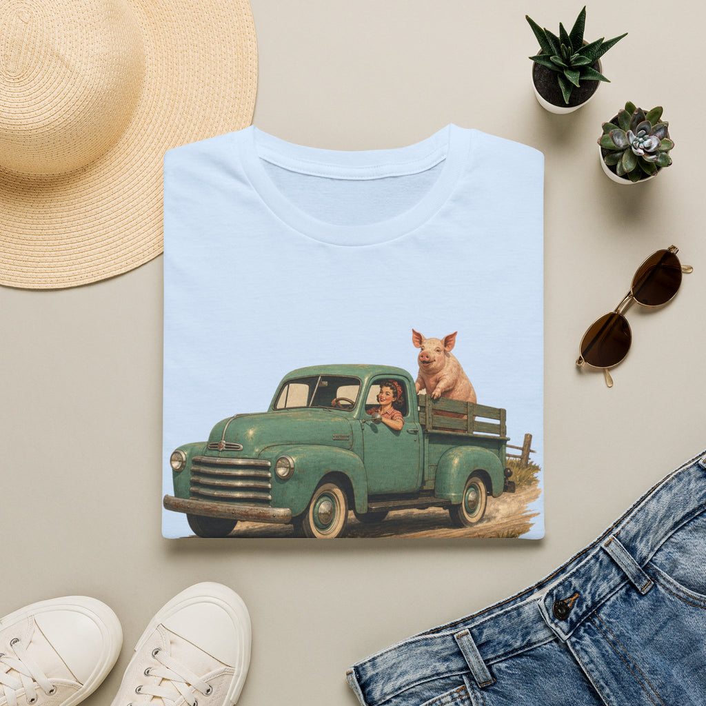 Classic Farm Truck T‑Shirt — Vintage Green Pickup with Pig Graphic