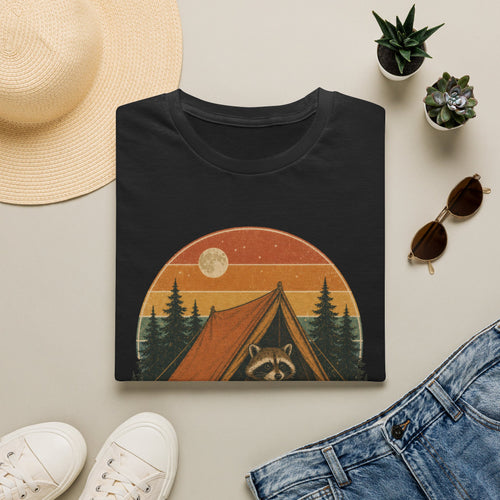 Camping Raccoon T-Shirt — Retro Sunset Tent Outdoor Graphic Tee