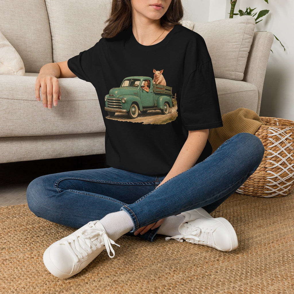 Classic Farm Truck T‑Shirt — Vintage Green Pickup with Pig Graphic