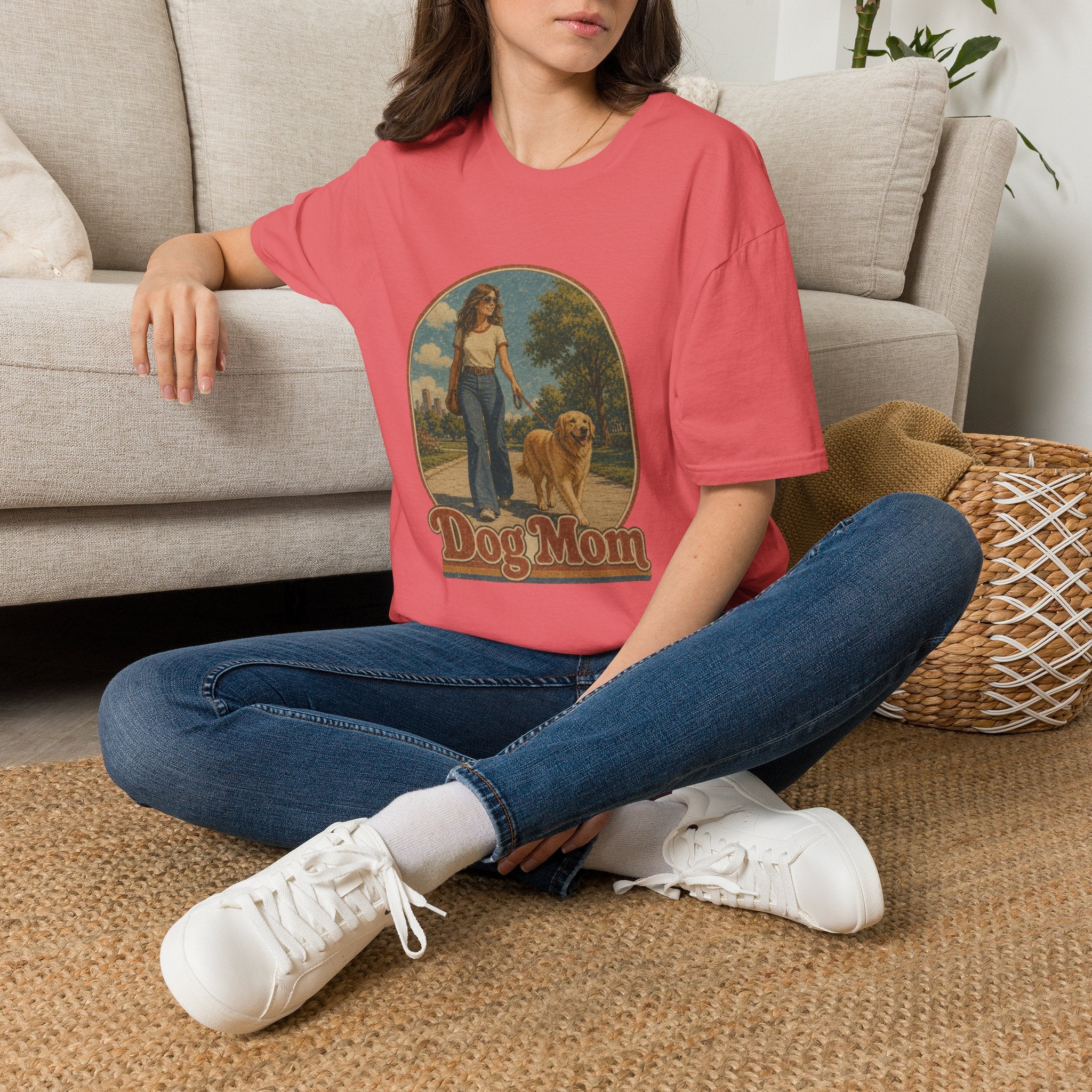 Dog Mom T-Shirt — Retro Woman Walking Dog Vintage Graphic Tee