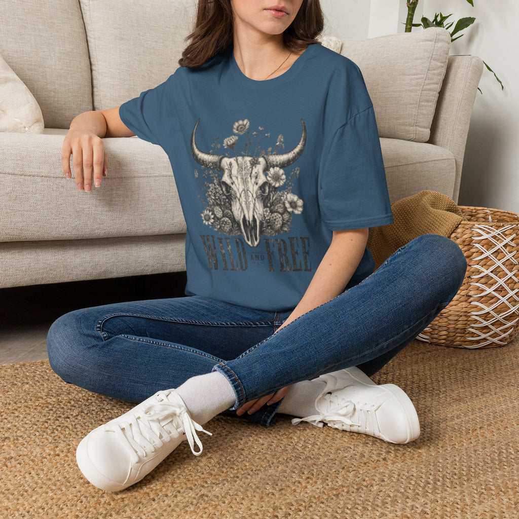 Bull Skull Floral T-Shirt — "Wild and Free" Boho Western Tee