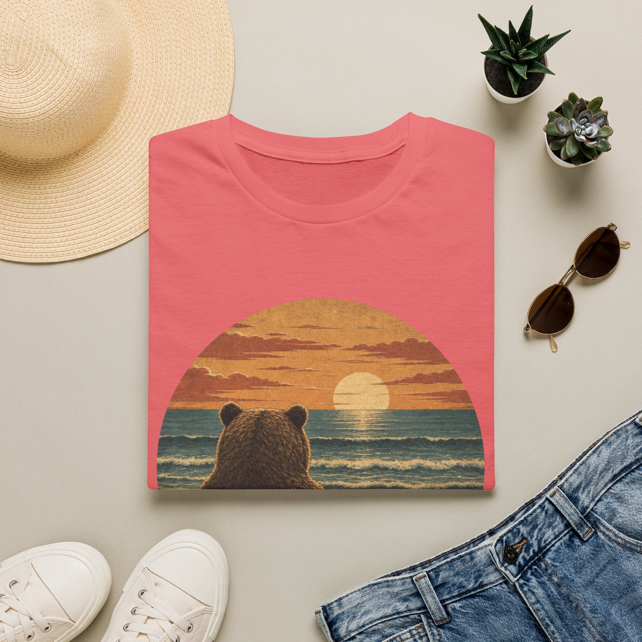 Bear Watching Sunset T‑Shirt — Retro Ocean Sunset Bear Graphic Tee