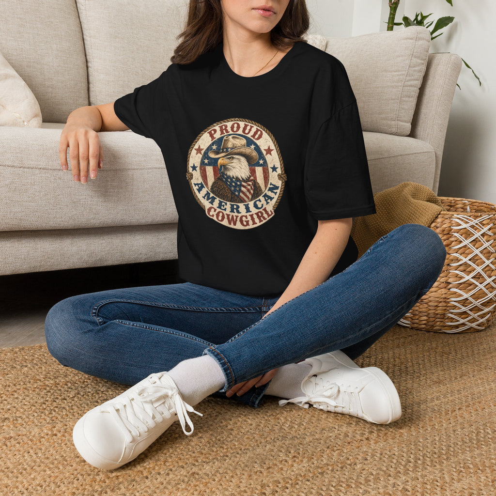 Proud American Cowgirl T-Shirt — Vintage Eagle & Flag Graphic
