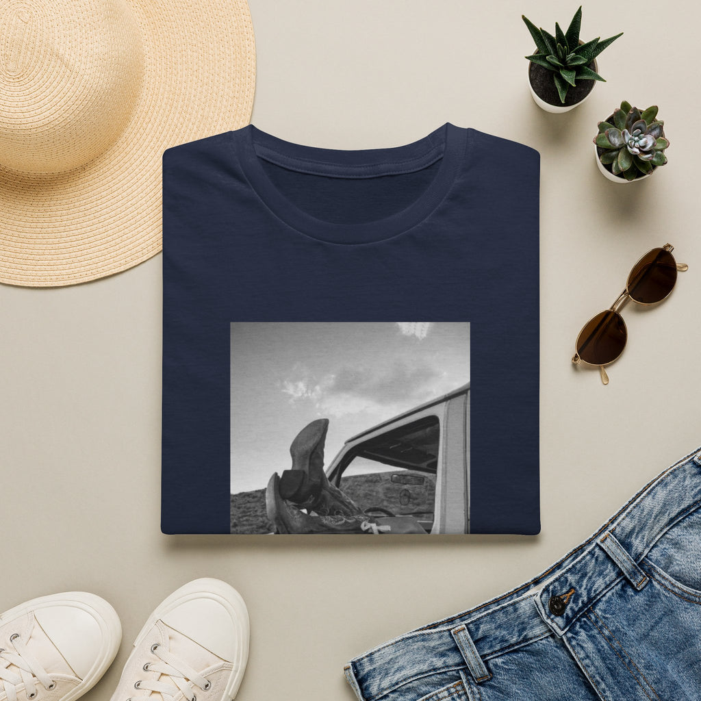 Vintage Road Trip T-Shirt — Black & White Van Window Photo