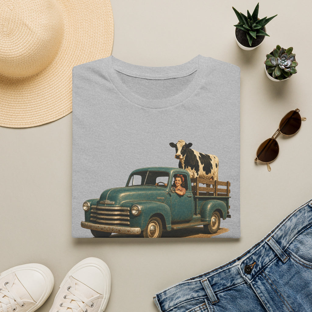 Vintage Farm Truck T-Shirt – Retro Pickup with Cow Graphic