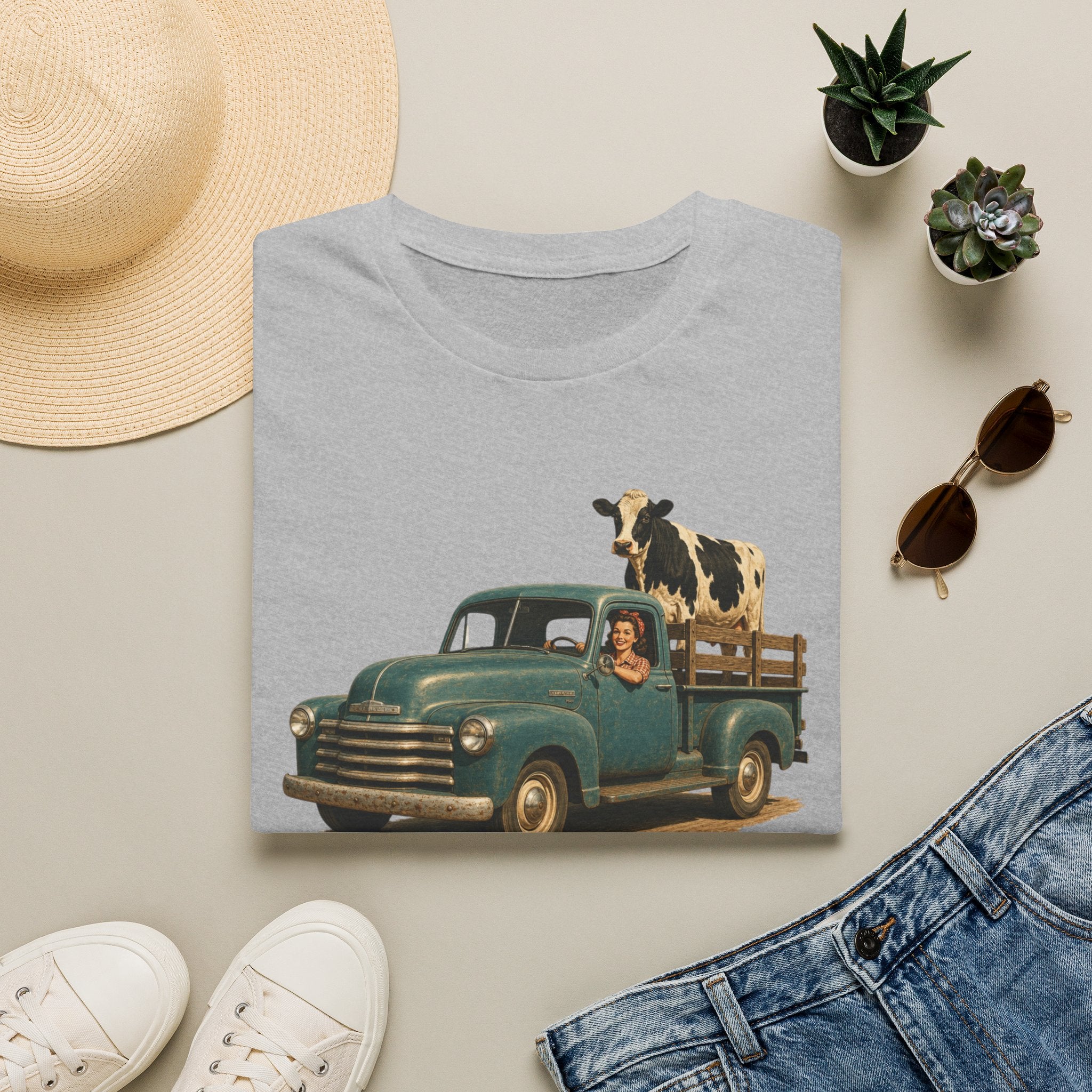 Vintage Farm Truck T-Shirt – Retro Pickup with Cow Graphic