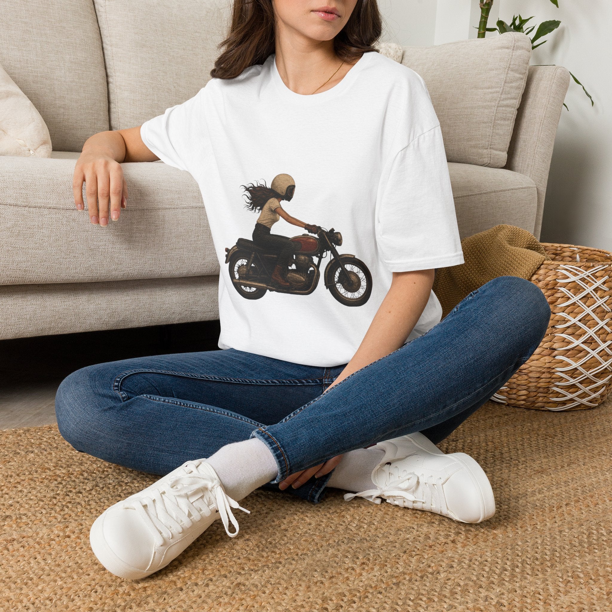 Motorcycle Rider Graphic T-Shirt — Woman on Vintage Bike Design