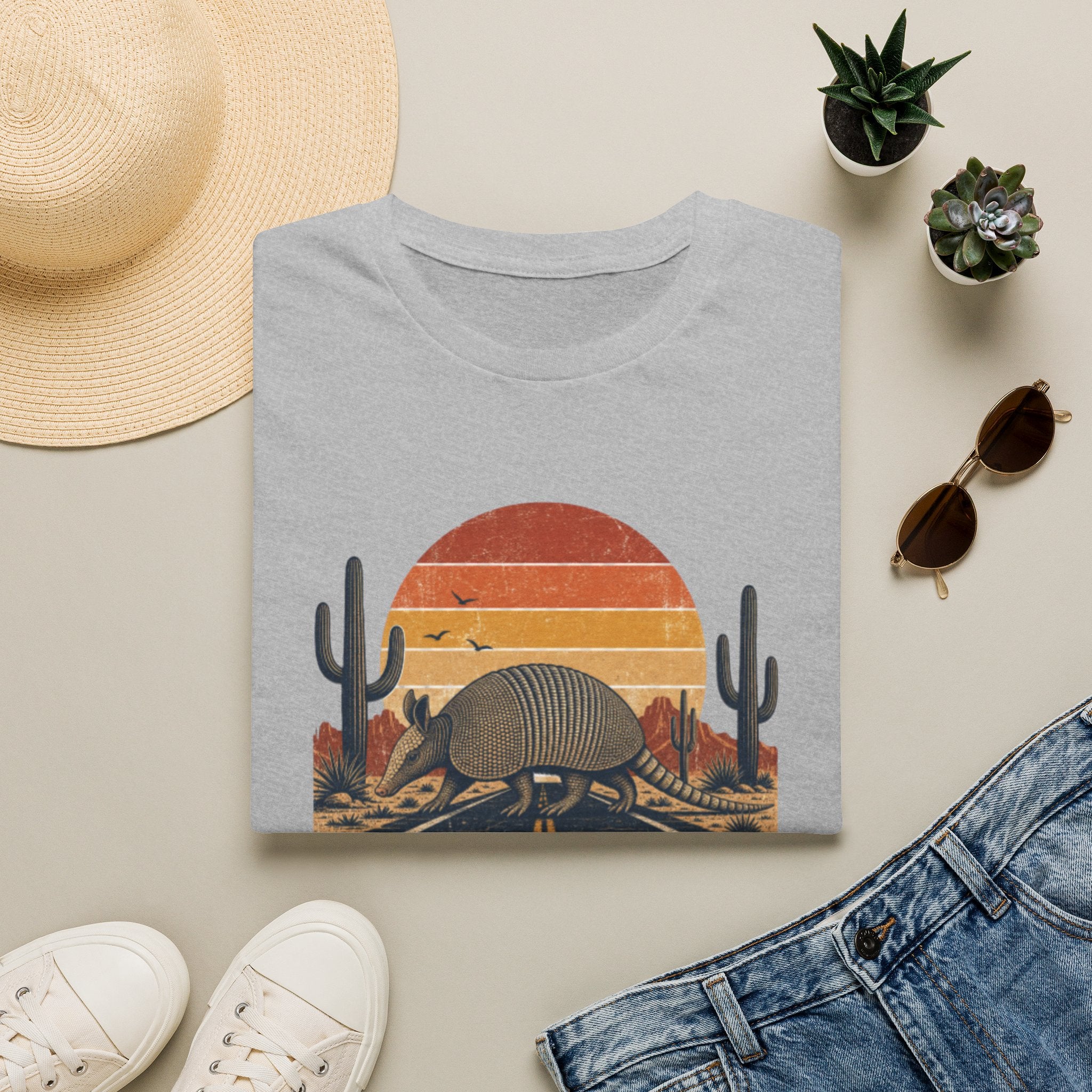 Texas Traveler Armadillo T-Shirt — Retro Desert Sunset Graphic
