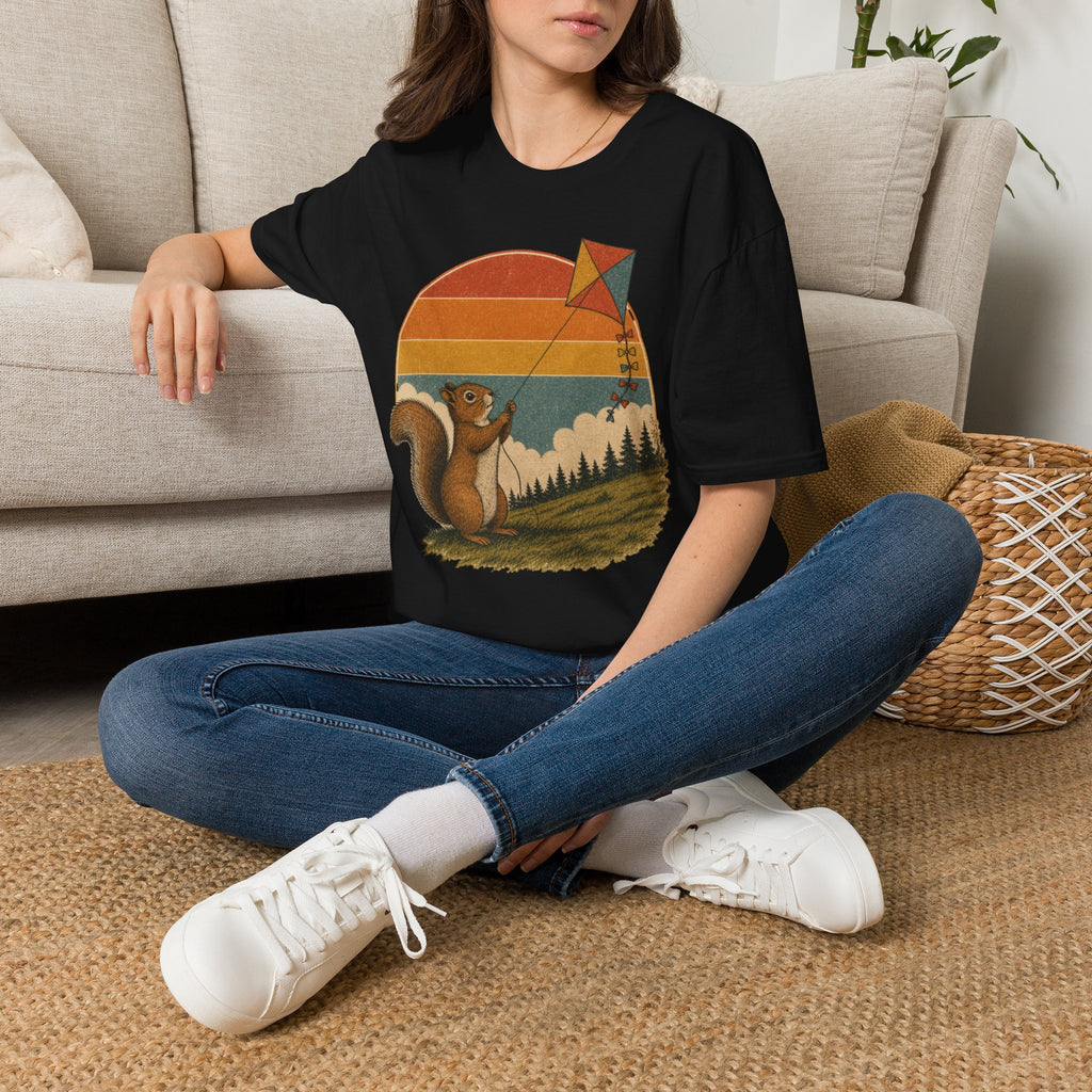 Retro Squirrel Kite T-Shirt — Vintage Sunset Nature Tee