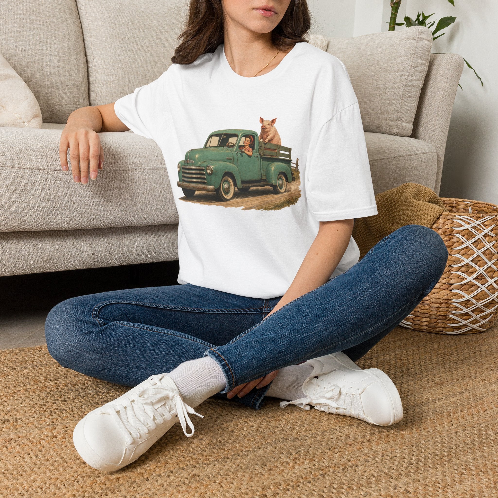 Classic Farm Truck T‑Shirt — Vintage Green Pickup with Pig Graphic