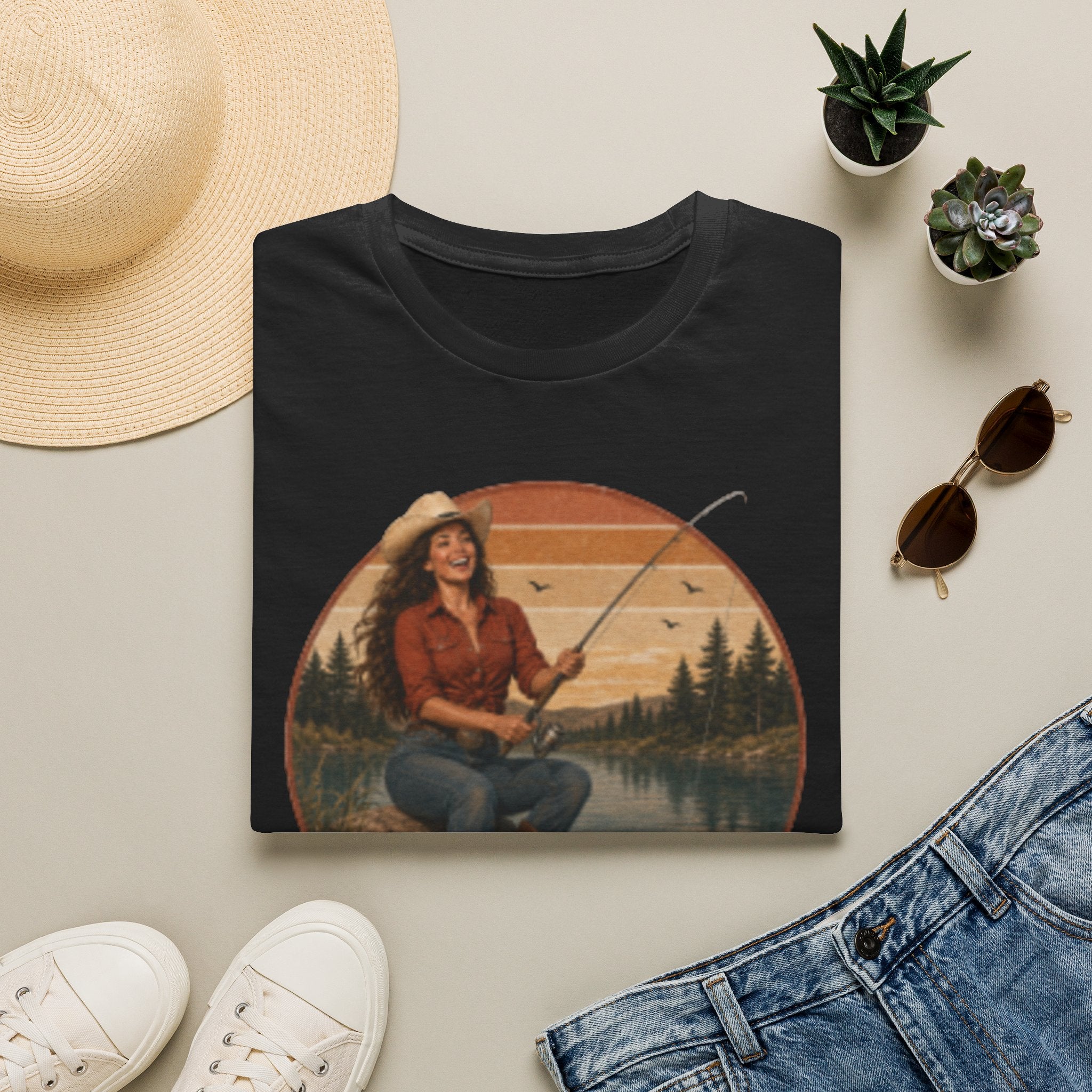 Fishing Graphic T‑Shirt — "Hook Em" Retro Outdoorswoman Tee