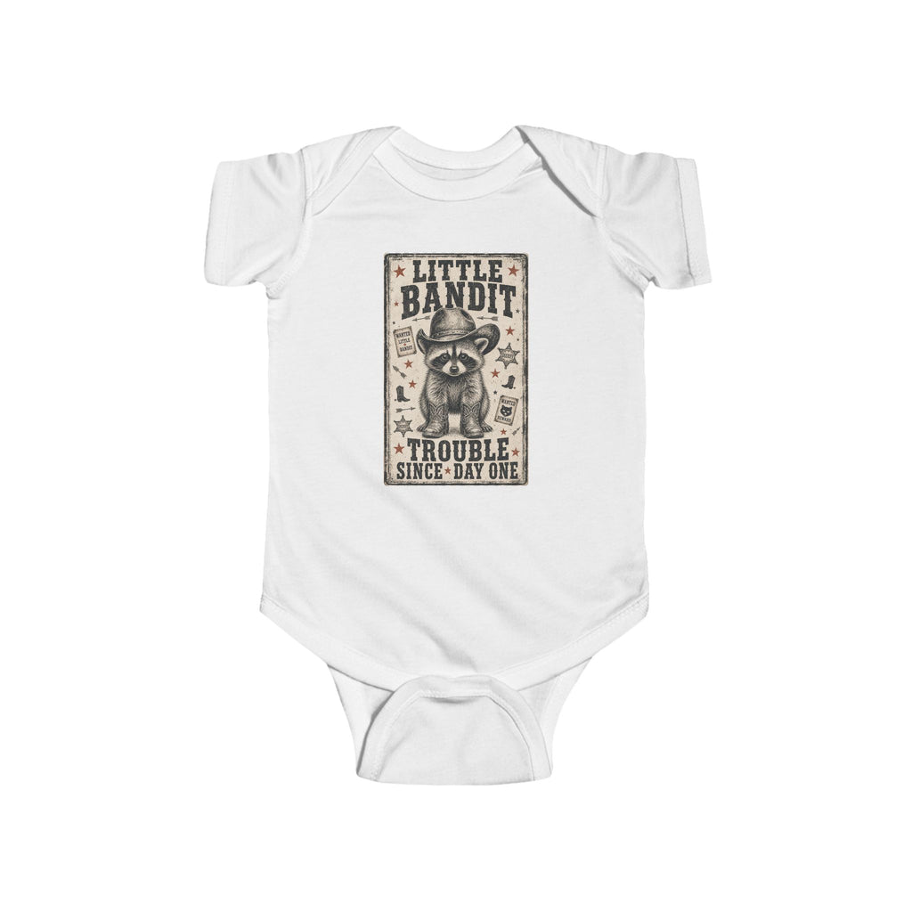 Little Bandit Infant Bodysuit – 'Trouble Since Day One' Raccoon Baby Onesie