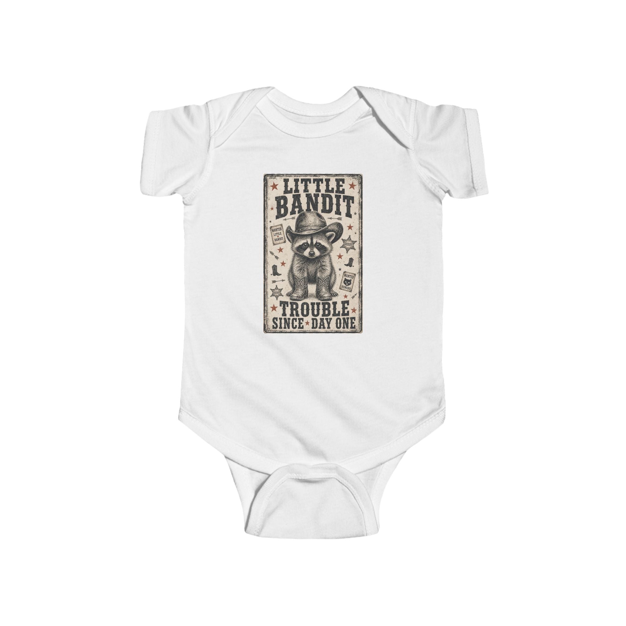 Little Bandit Infant Bodysuit – 'Trouble Since Day One' Raccoon Baby Onesie
