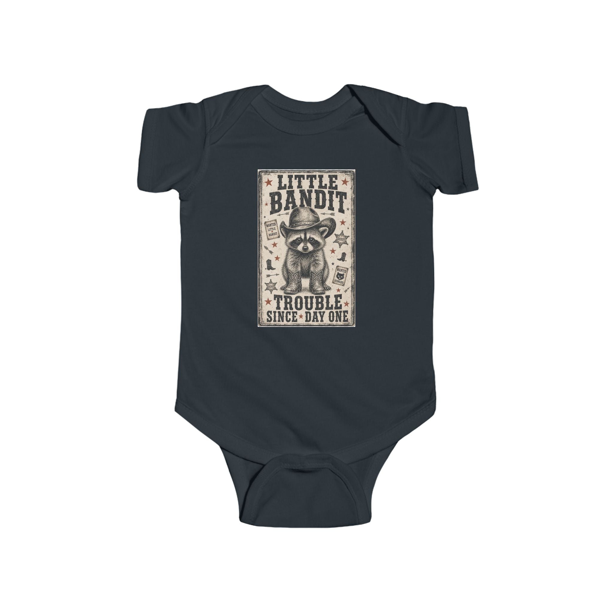 Little Bandit Infant Bodysuit – 'Trouble Since Day One' Raccoon Baby Onesie