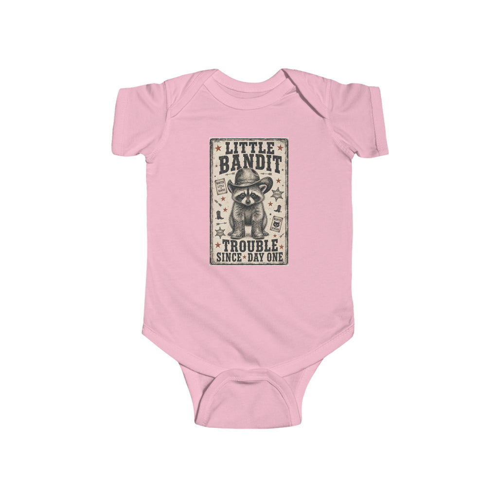 Little Bandit Infant Bodysuit – 'Trouble Since Day One' Raccoon Baby Onesie