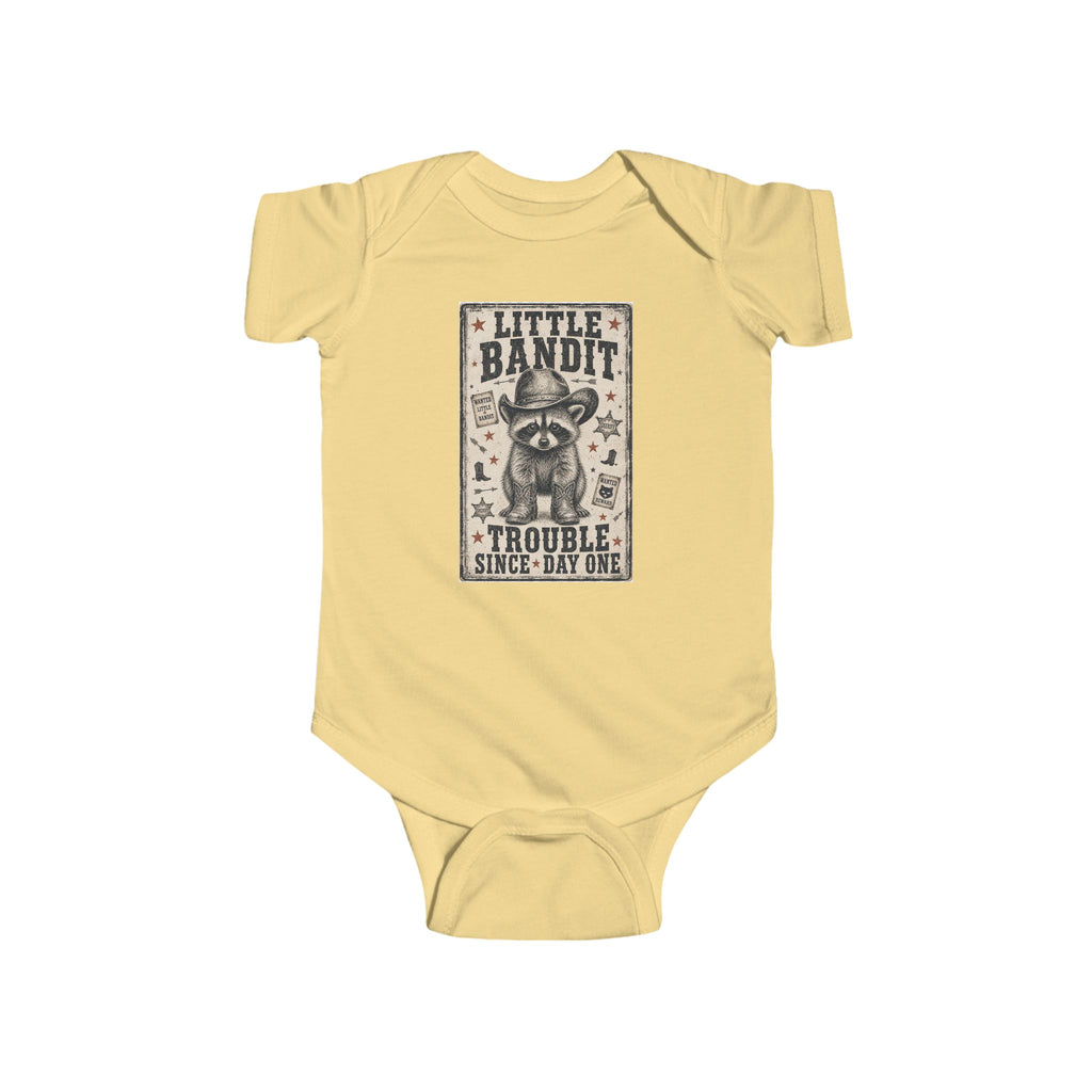 Little Bandit Infant Bodysuit – 'Trouble Since Day One' Raccoon Baby Onesie