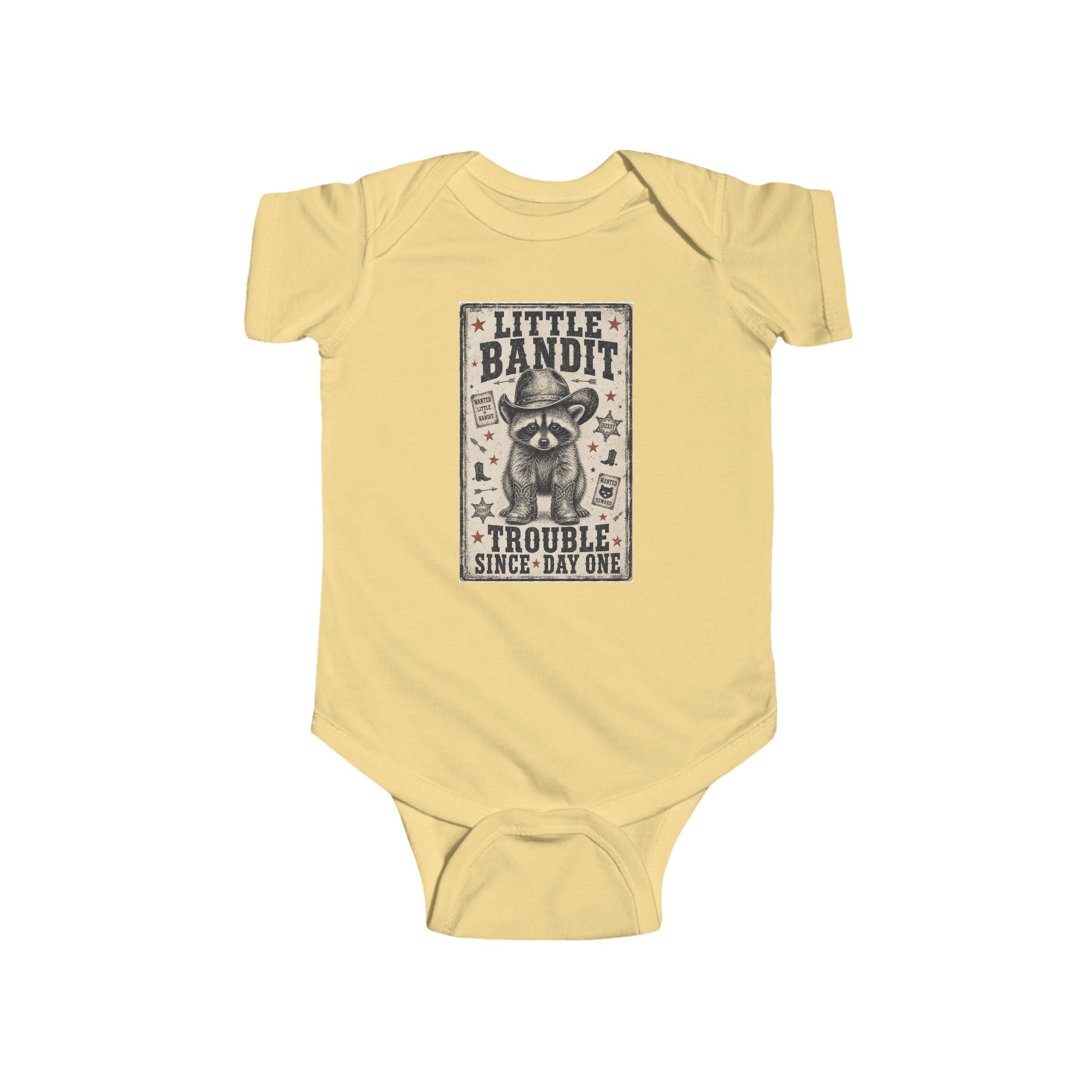 Little Bandit Infant Bodysuit – 'Trouble Since Day One' Raccoon Baby Onesie