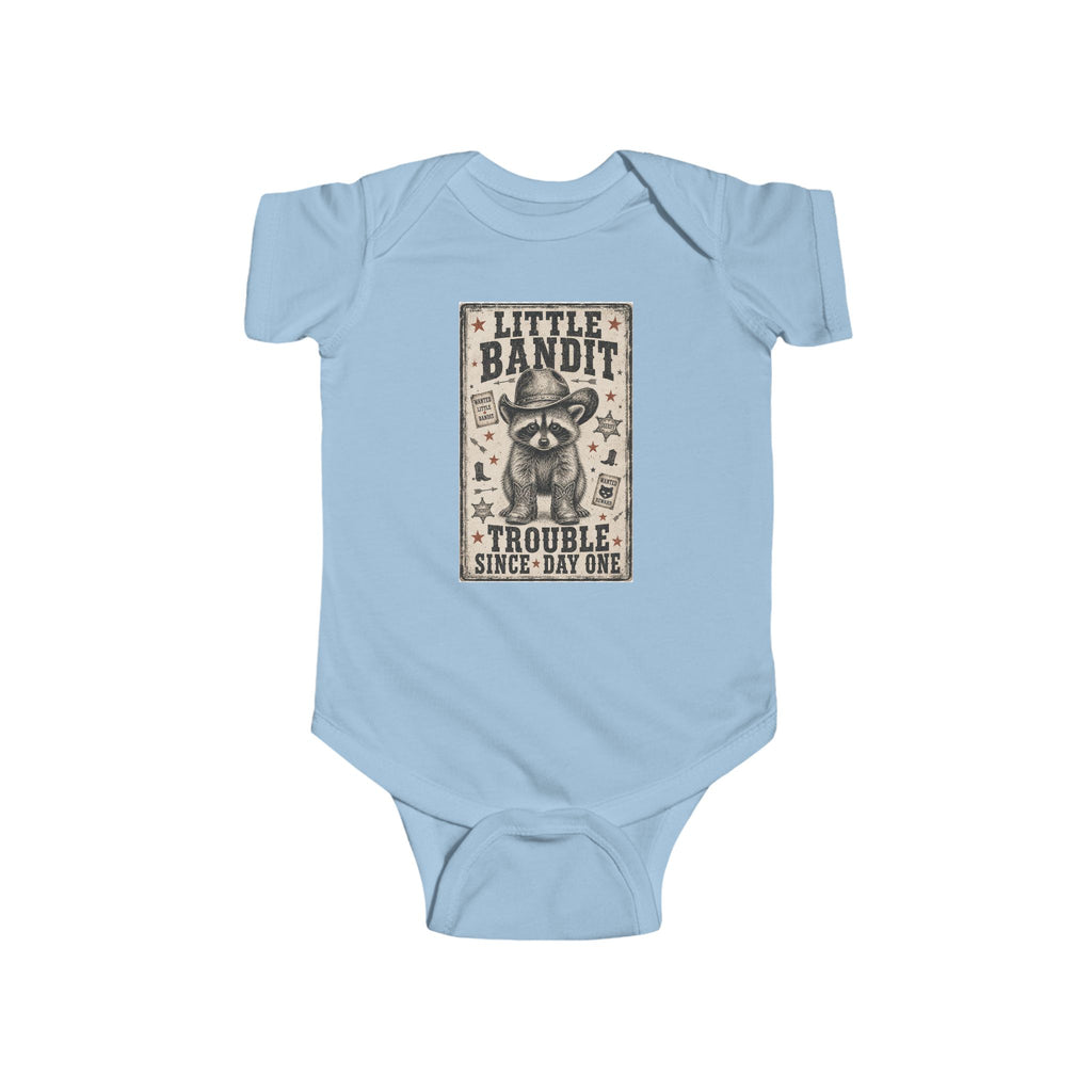 Little Bandit Infant Bodysuit – 'Trouble Since Day One' Raccoon Baby Onesie