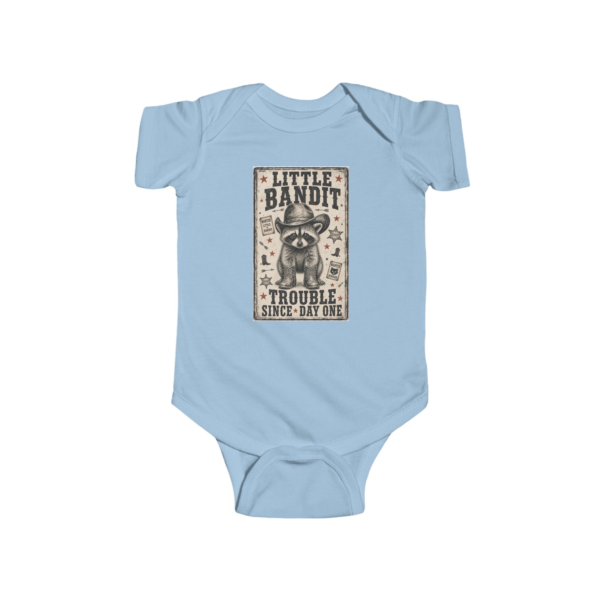 Little Bandit Infant Bodysuit – 'Trouble Since Day One' Raccoon Baby Onesie