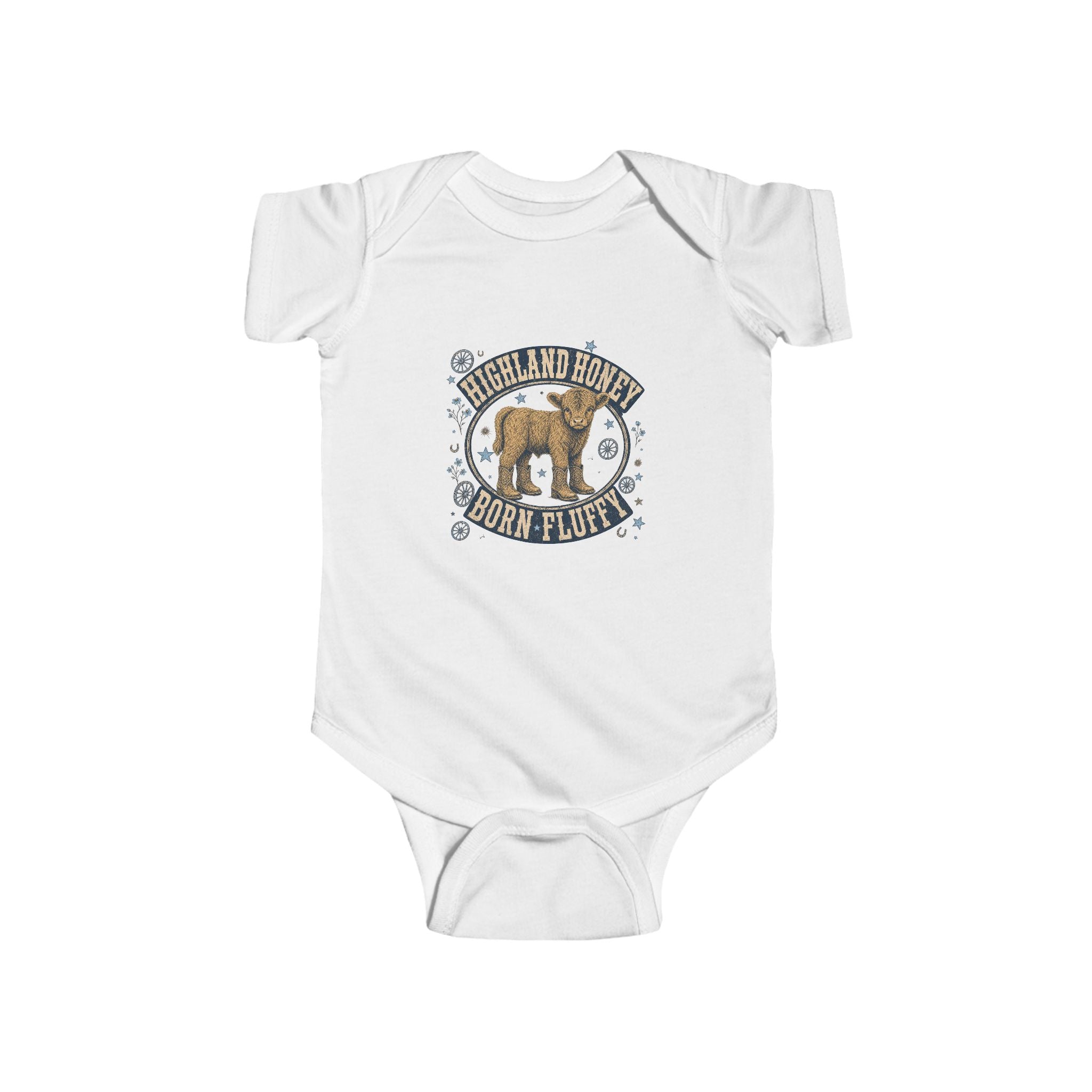 Infant Bodysuit – 'YeeHaw in Training' Western Baby Romper with Highland Heifer Graphic