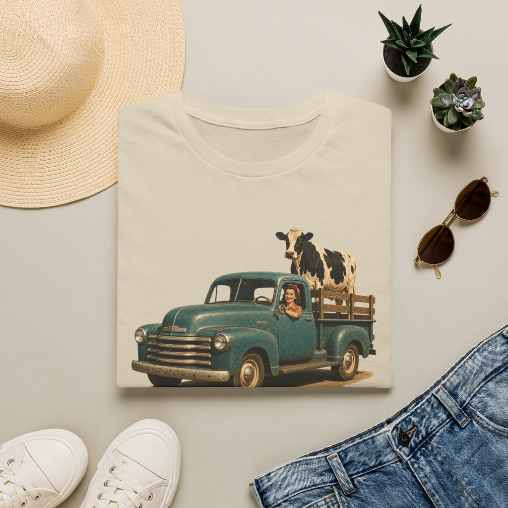Vintage Farm Truck T-Shirt – Retro Pickup with Cow Graphic