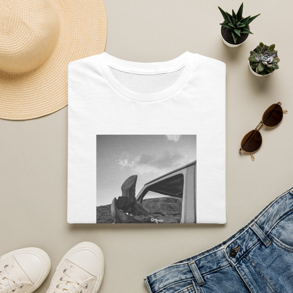 Vintage Road Trip T-Shirt — Black & White Van Window Photo