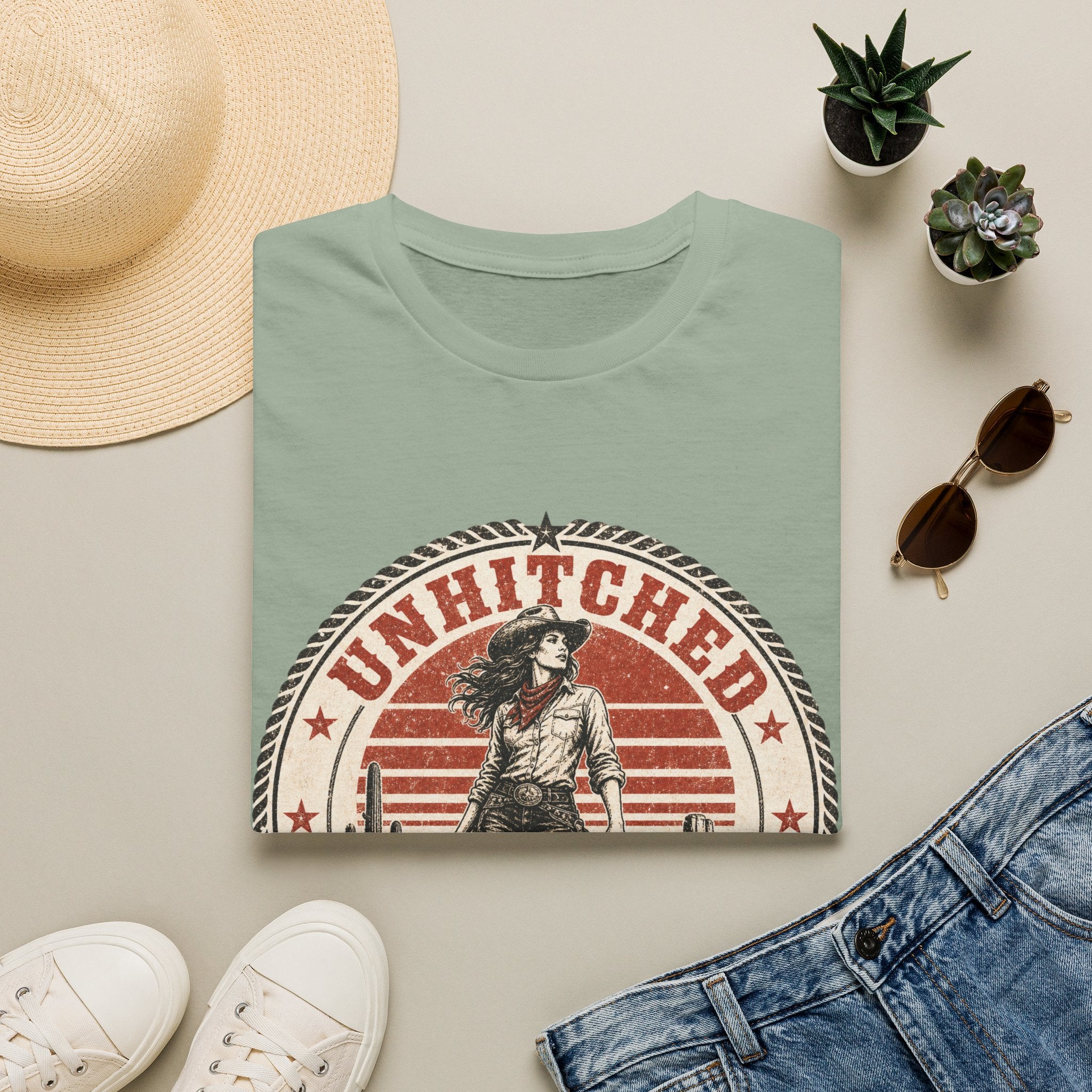 Unhitched Vintage Cowgirl T‑Shirt – “Unhitched & Untamable” Retro Western Graphic Tee